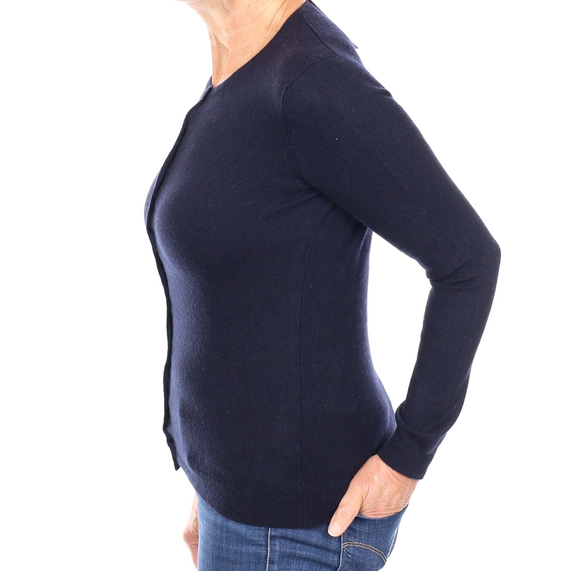 Navy Blue Cashmere Crew Neck Cardigan Medium