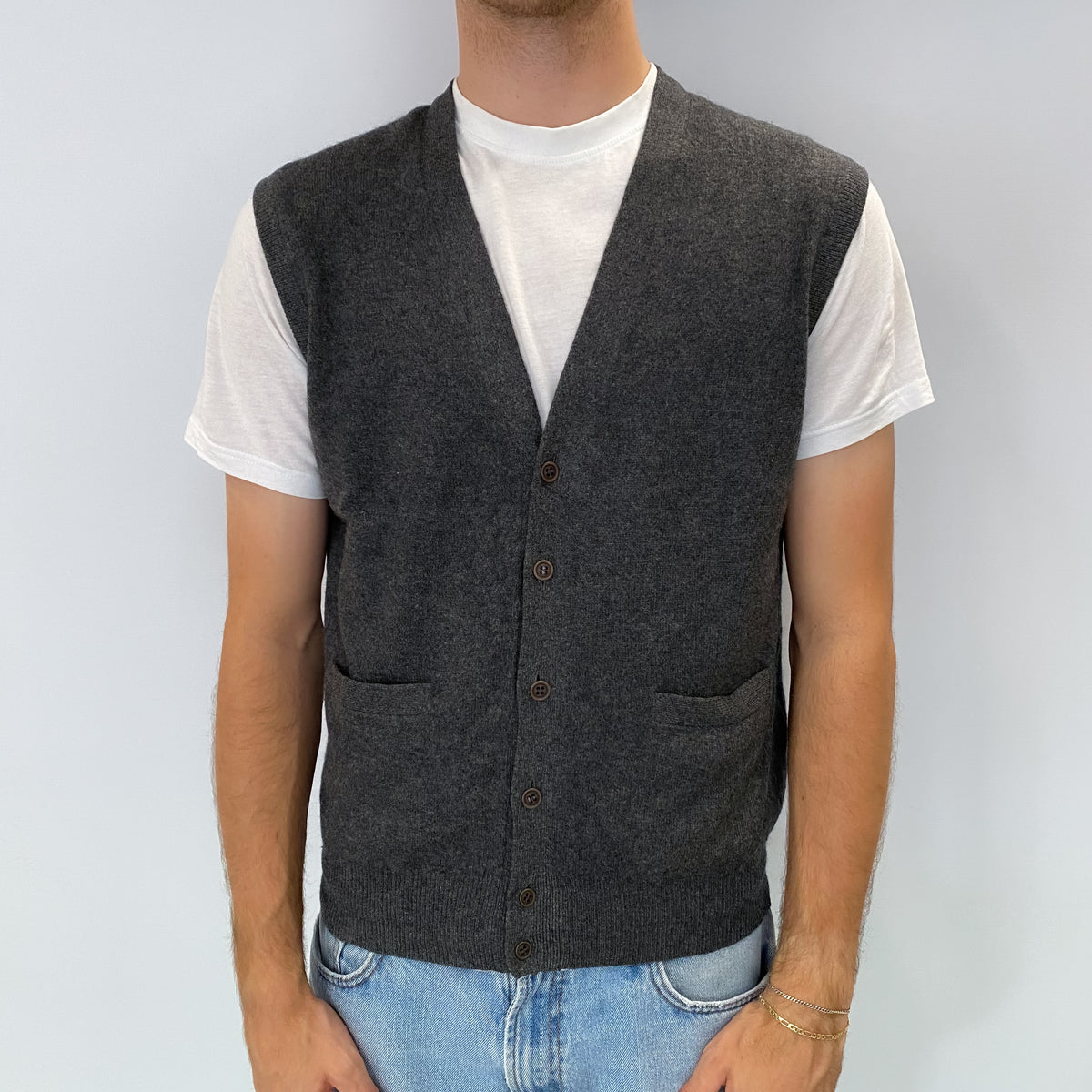 Men's Slate Grey Cashmere V Neck Sleeveless Cardigan Medium