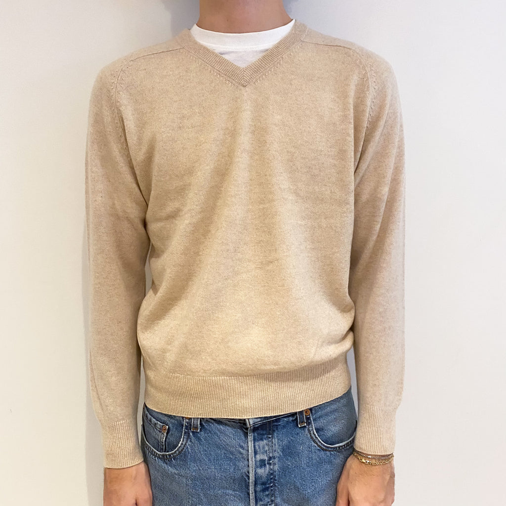 Men's Honey Beige Cashmere V Neck Jumper Large