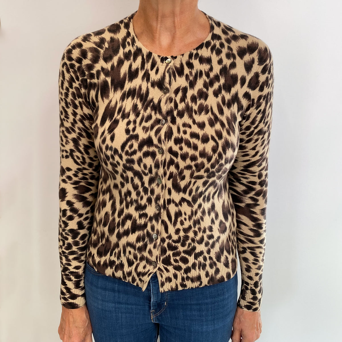 Brown Leopard Print Cashmere Crew Neck Cardigan Medium
