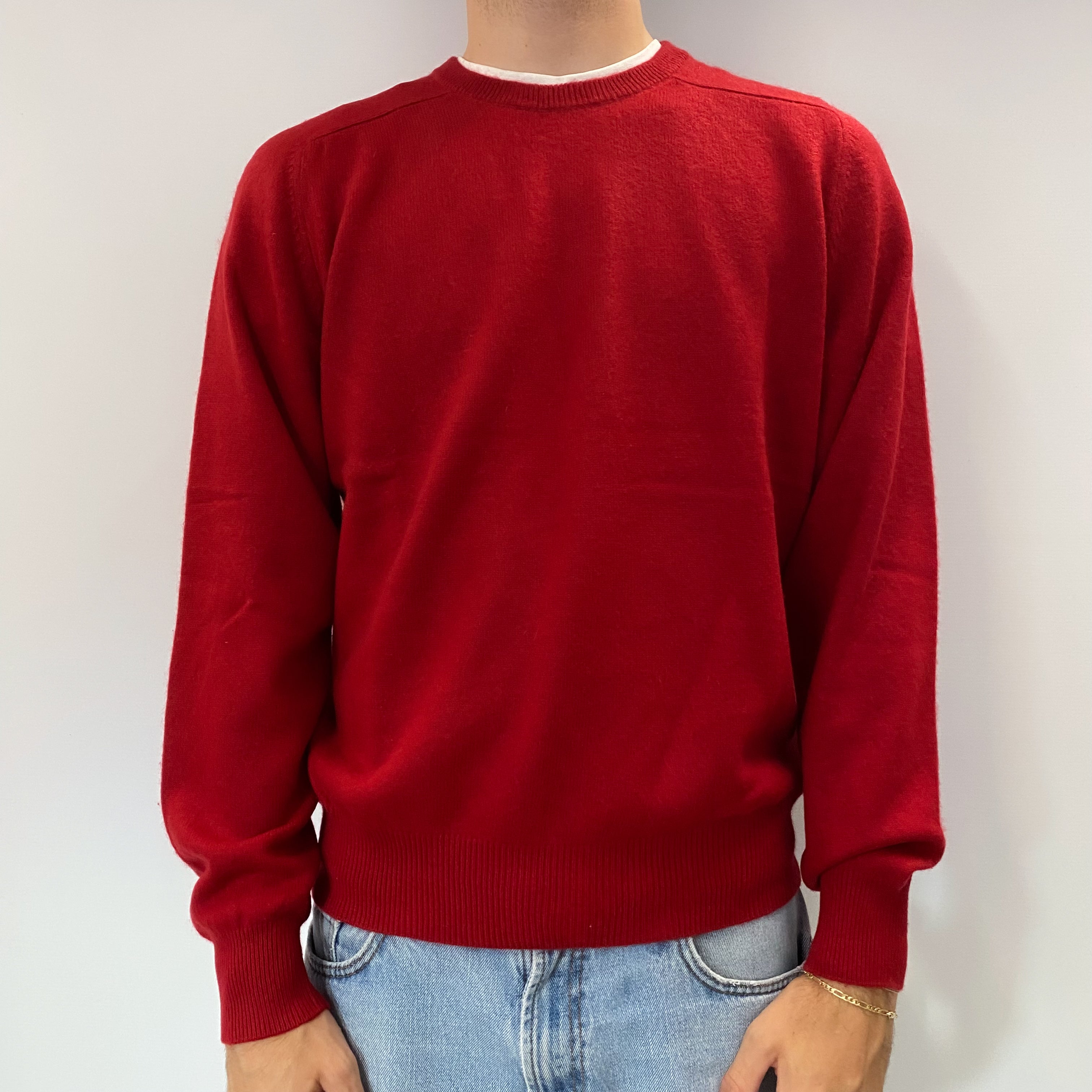 Men's Post Box Red Cashmere Crew Neck Jumper Large