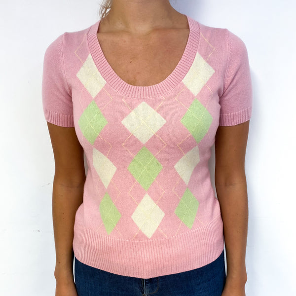 Pink Green Diamond Cashmere Short Sleeve Jumper Small