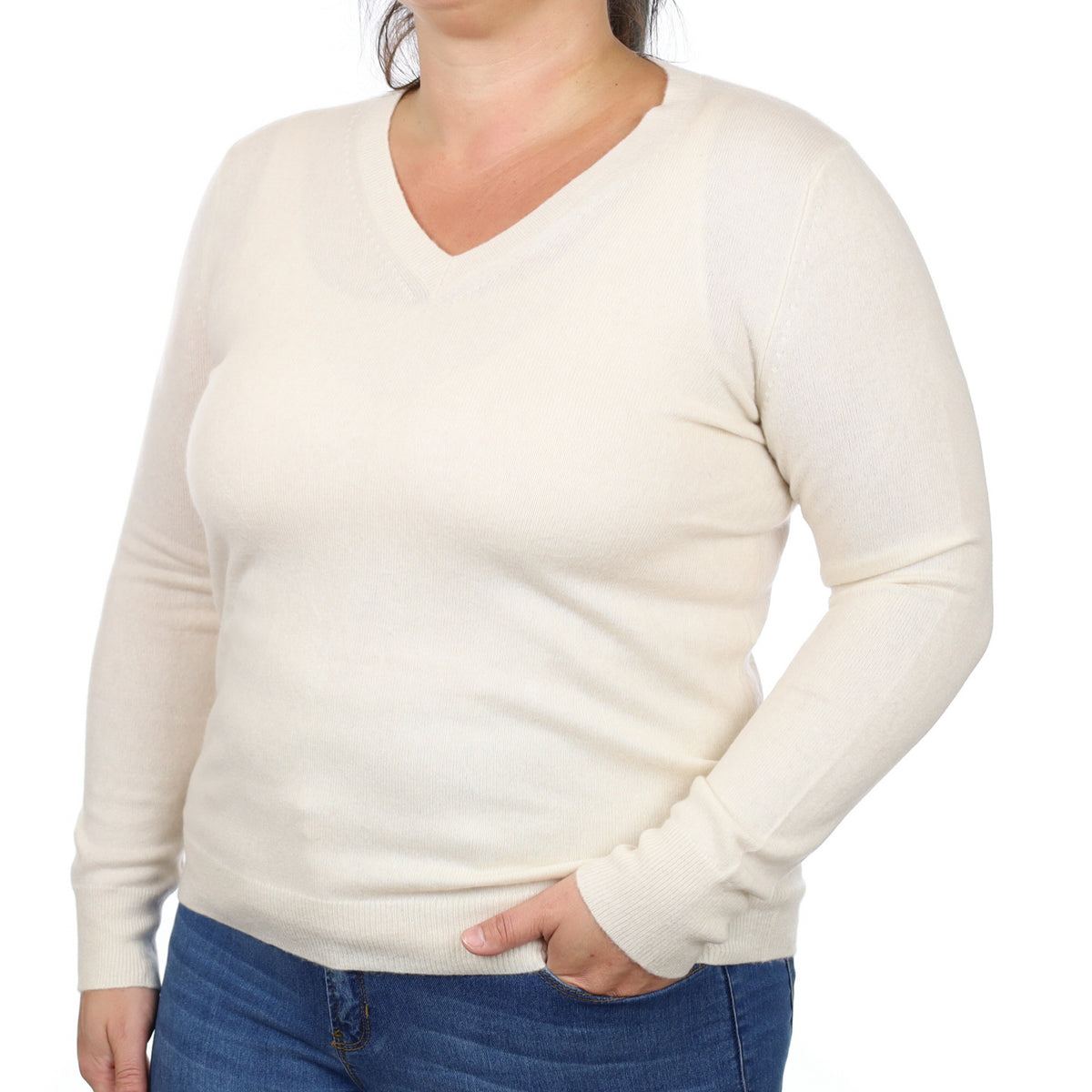 Vanilla Cream Cashmere V Neck Jumper Large