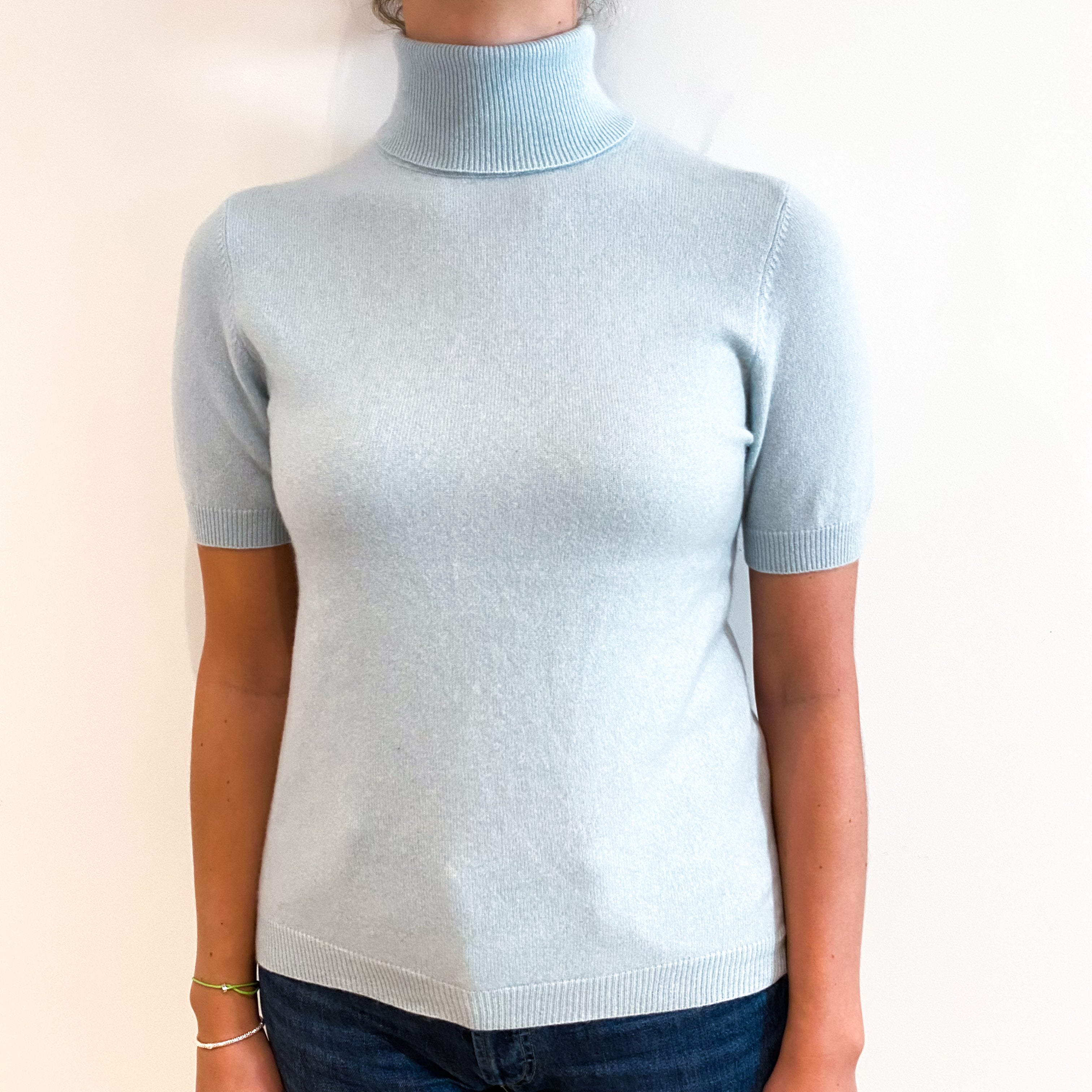 Opal Green Cashmere Short Sleeved Polo Neck Jumper Small