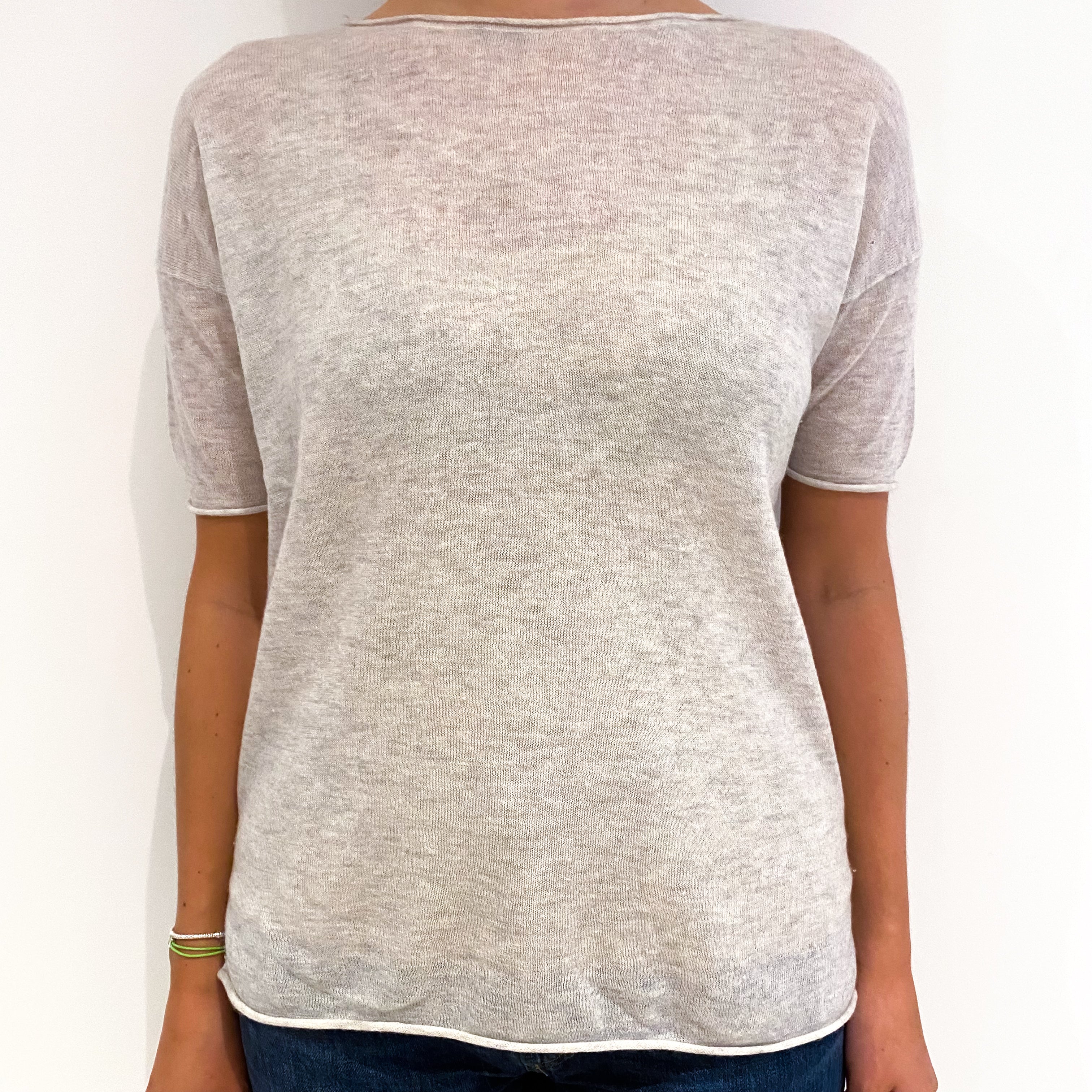 Mist Grey Fine Knit Short Sleeved Cashmere Jumper Medium