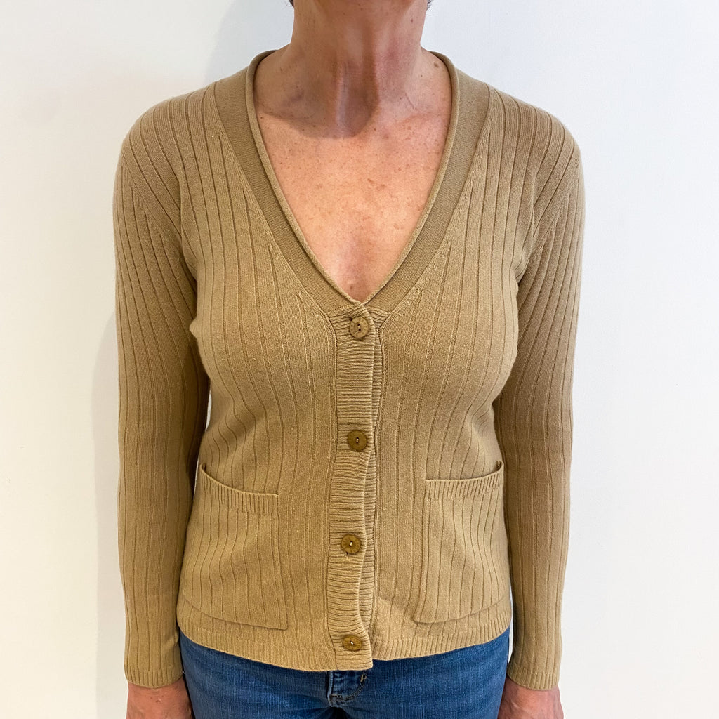 Camel Brown Cashmere V Neck Ribbed Cardigan With Pockets Medium