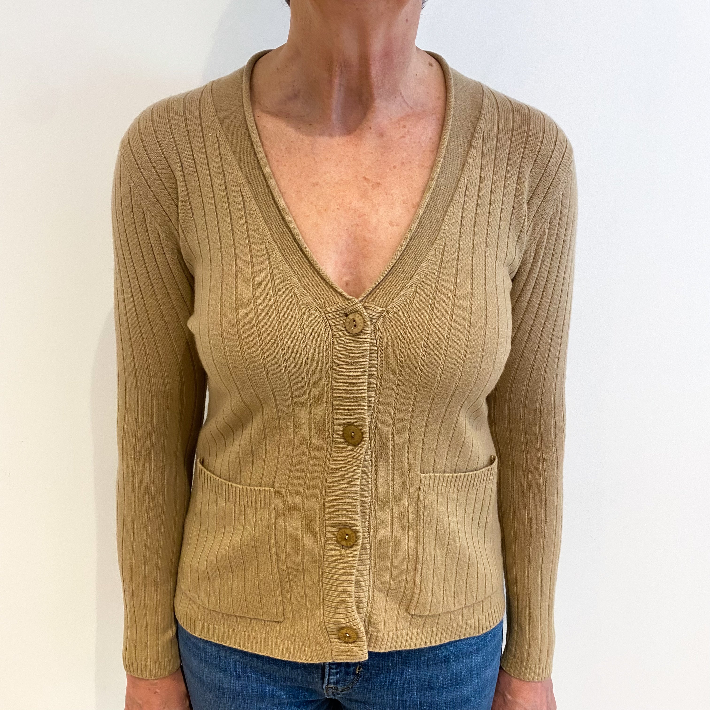 Camel Brown Cashmere V Neck Ribbed Cardigan With Pockets Medium