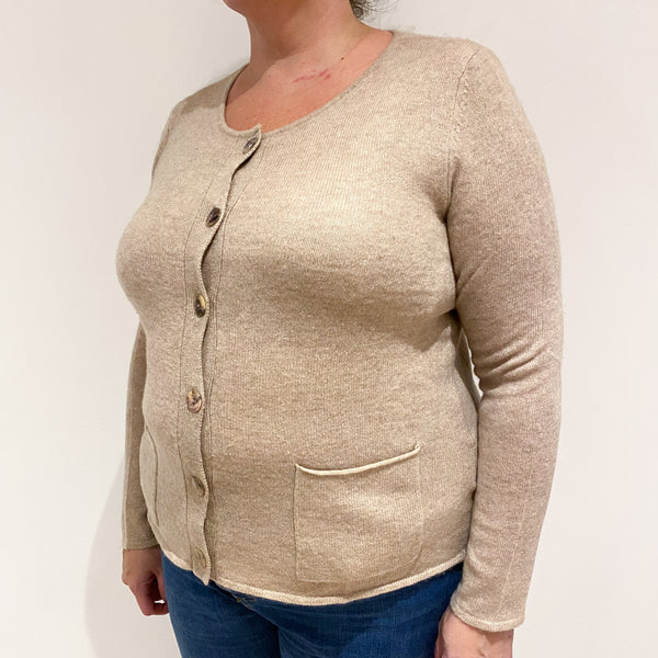 Fawn Beige Lightweight Cashmere Crew Neck Cardigan Extra Large