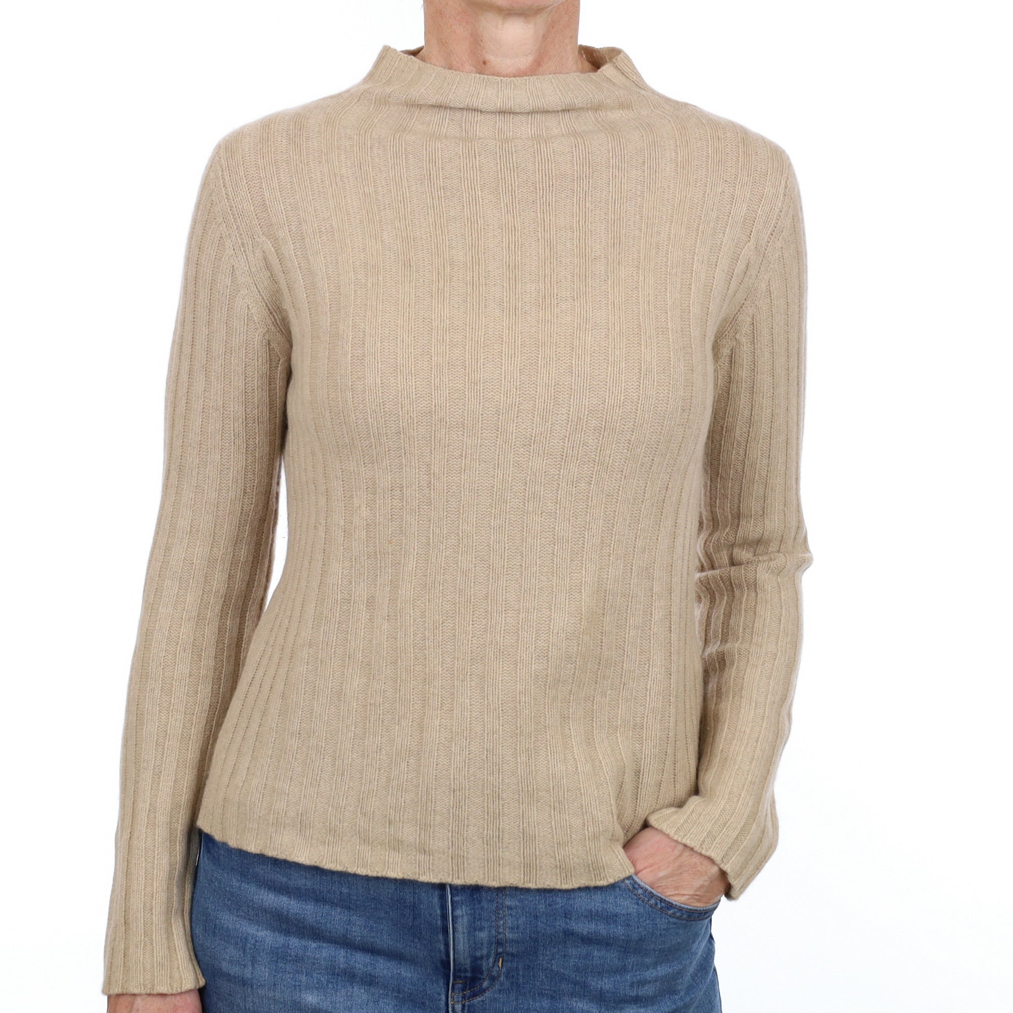 Fawn Beige Rib Cashmere Funnel Neck Jumper Small