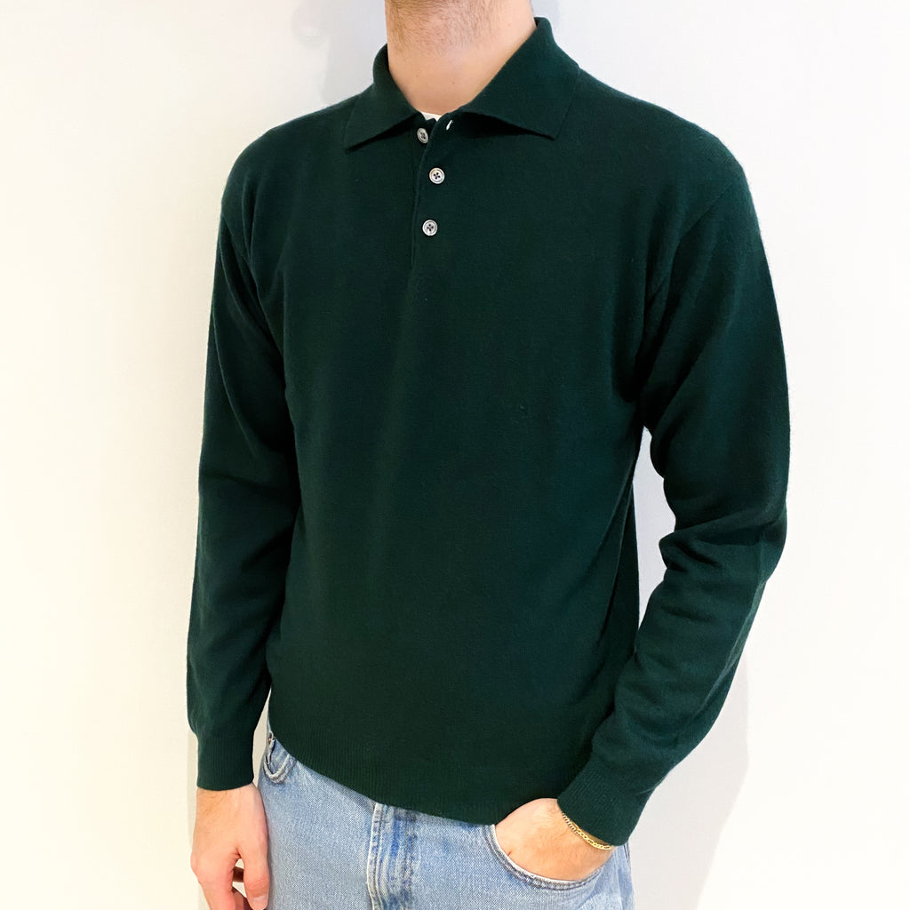 Men's Bottle Green Cashmere 1/4 Button Jumper Medium