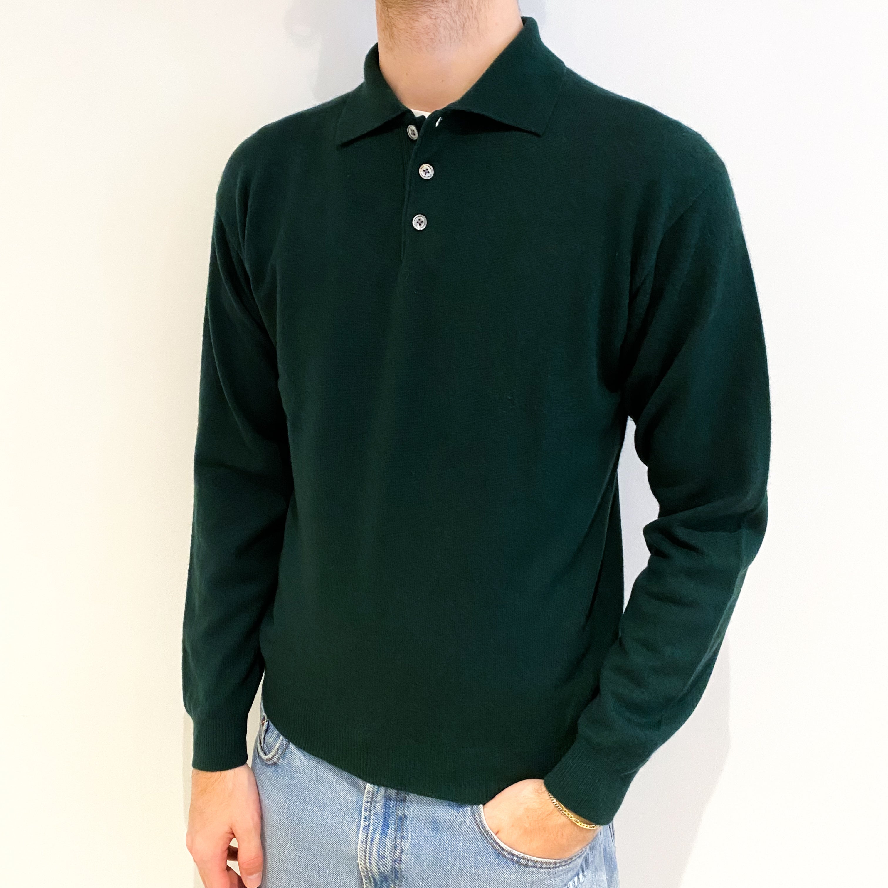 Men's Bottle Green Cashmere 1/4 Button Jumper Medium