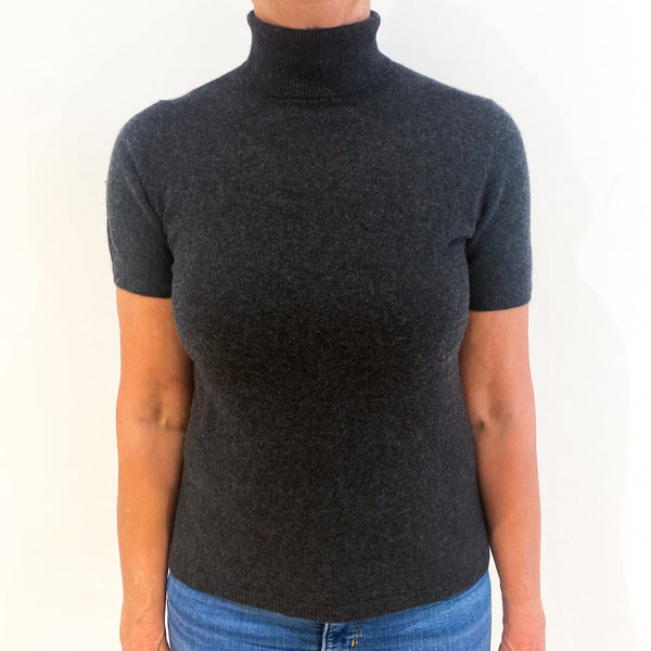 Charcoal Grey Cashmere Short Sleeved Polo Neck Jumper Medium