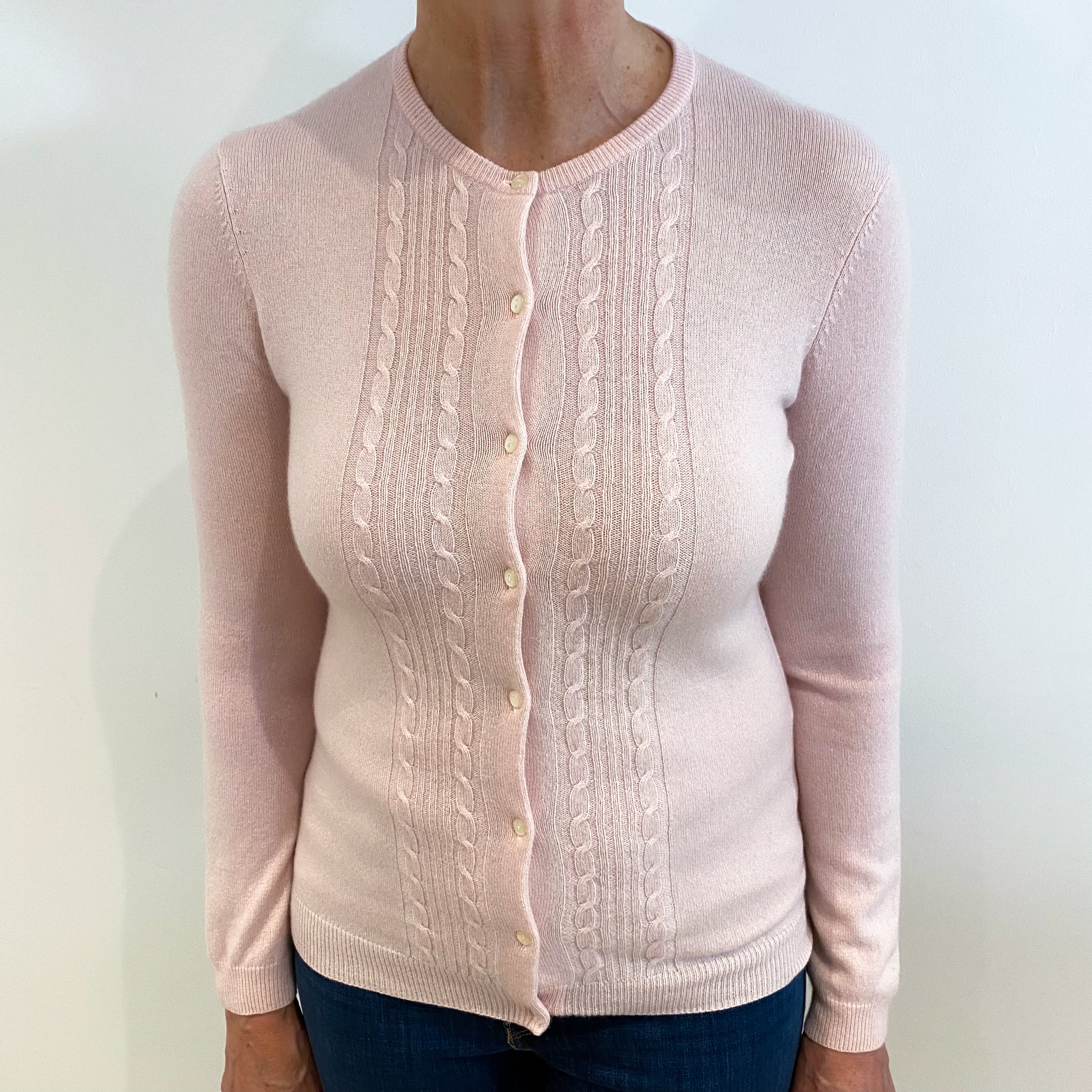 Shell Pink Cable Detail Cashmere Crew Neck Cardigan Medium