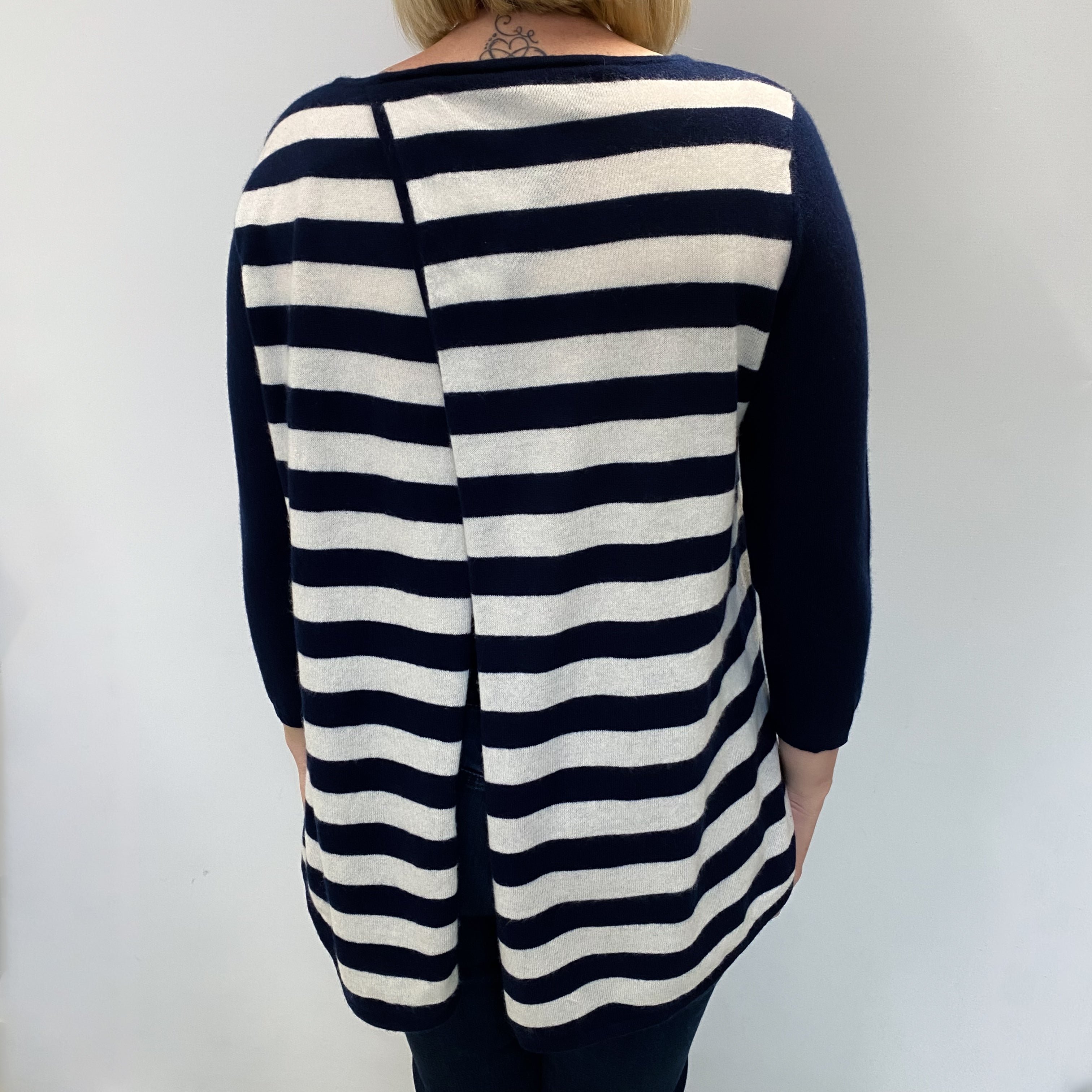 Navy And White Striped Cashmere Crew Neck Jumper Large