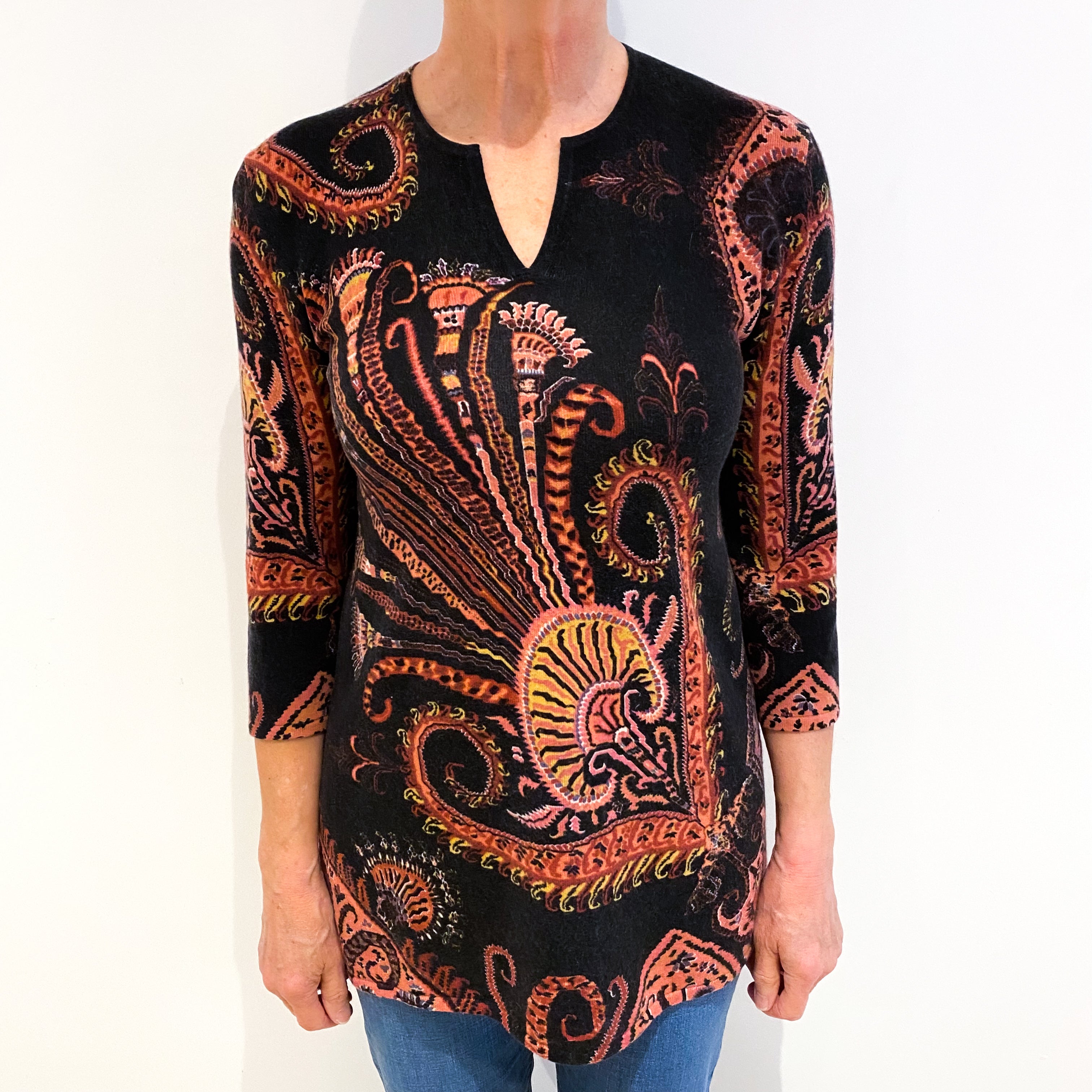Black With Red Pattern Cashmere V Neck Longline Jumper Medium