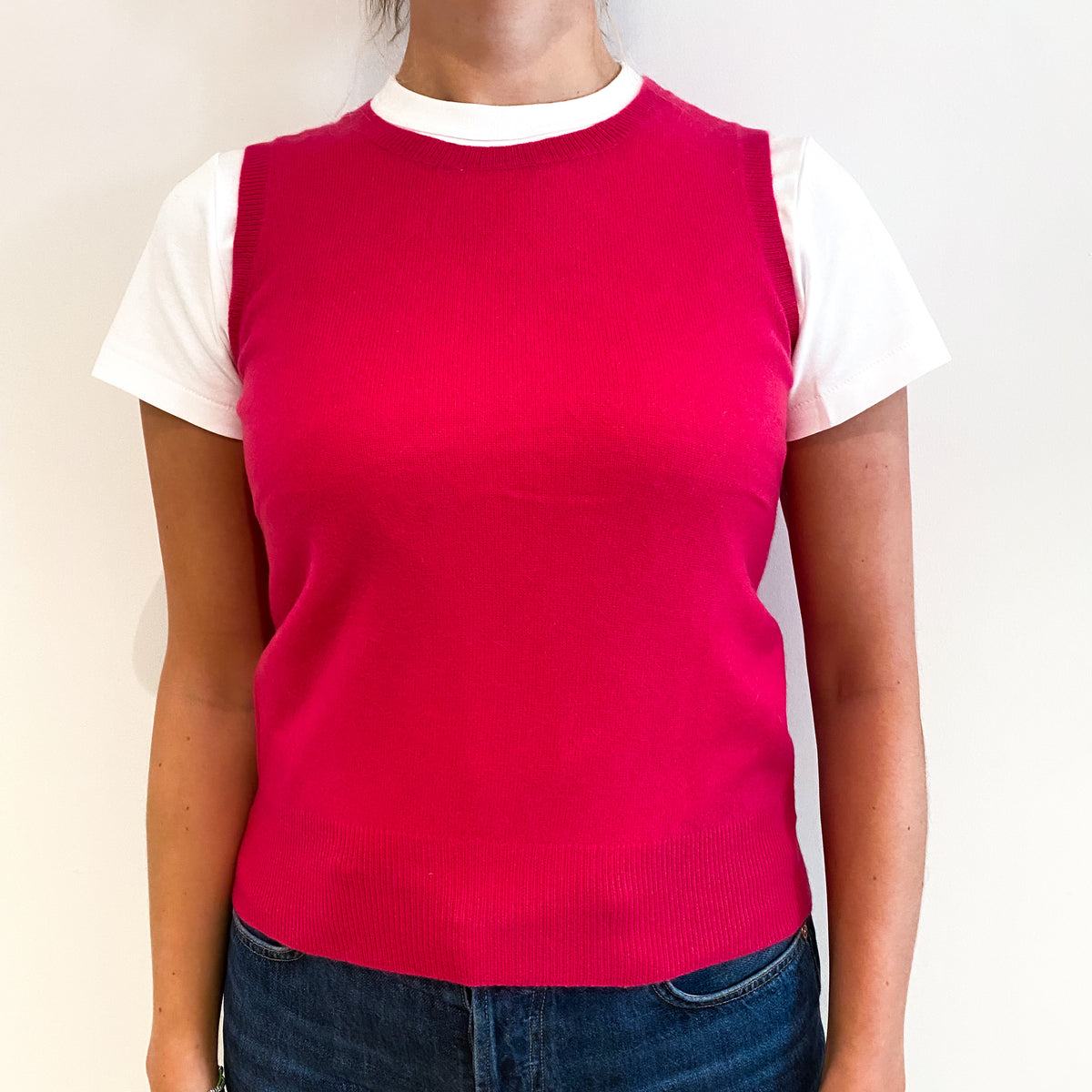 Hot Pink Cashmere Crew Neck Tank Top Small