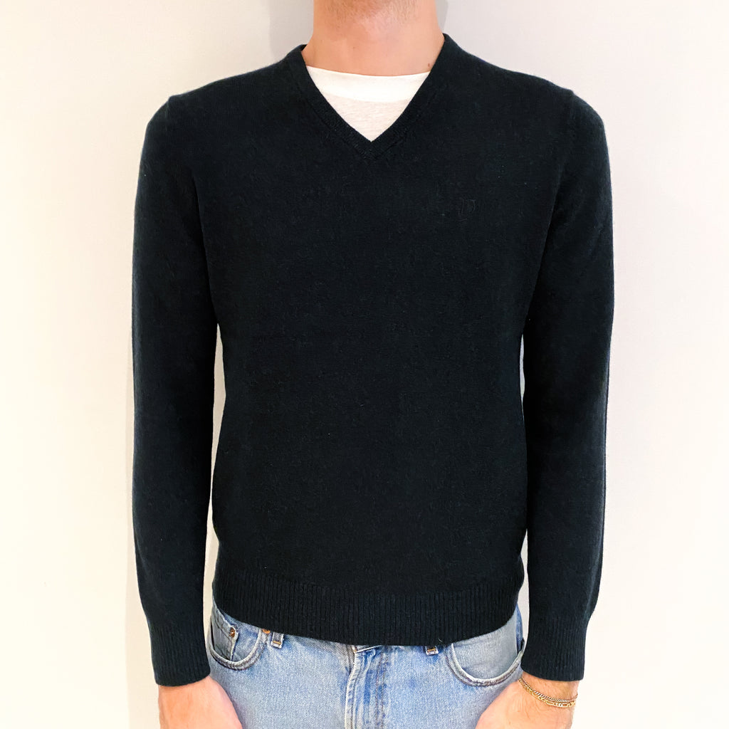 Men's Deep Seaweed Green Cashmere V Neck Jumper Medium