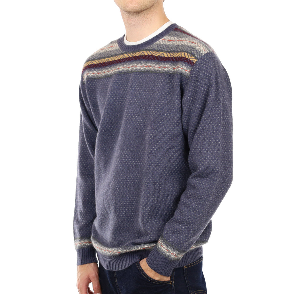 Men's Brora Denim Blue Fair Isle Cashmere Crew Neck Jumper Large
