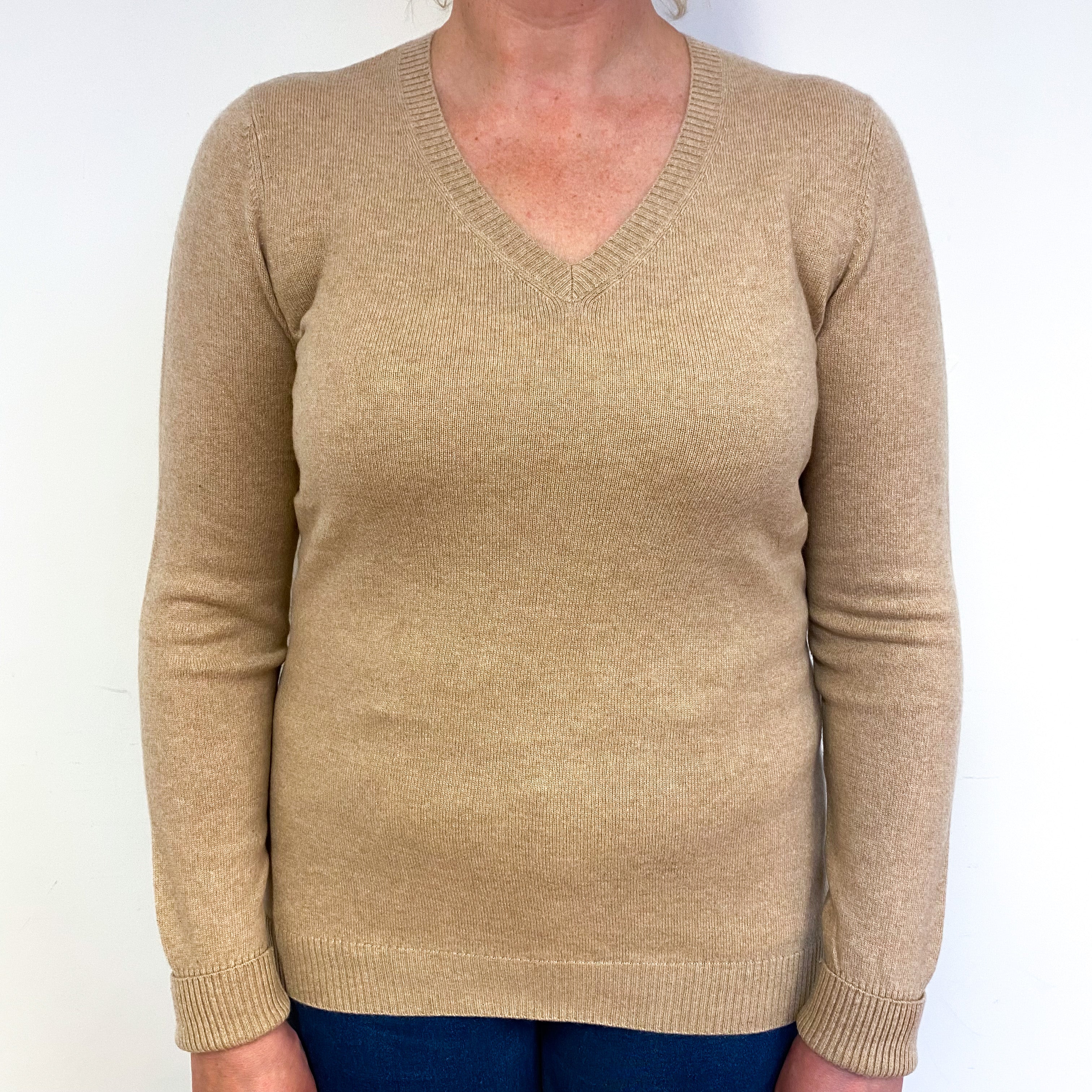 Soft Caramel Brown Cashmere V-Neck Jumper Large