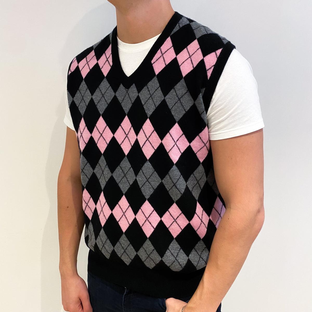 Men's Black and Pink Diamond Cashmere V Neck Tank Top XXL