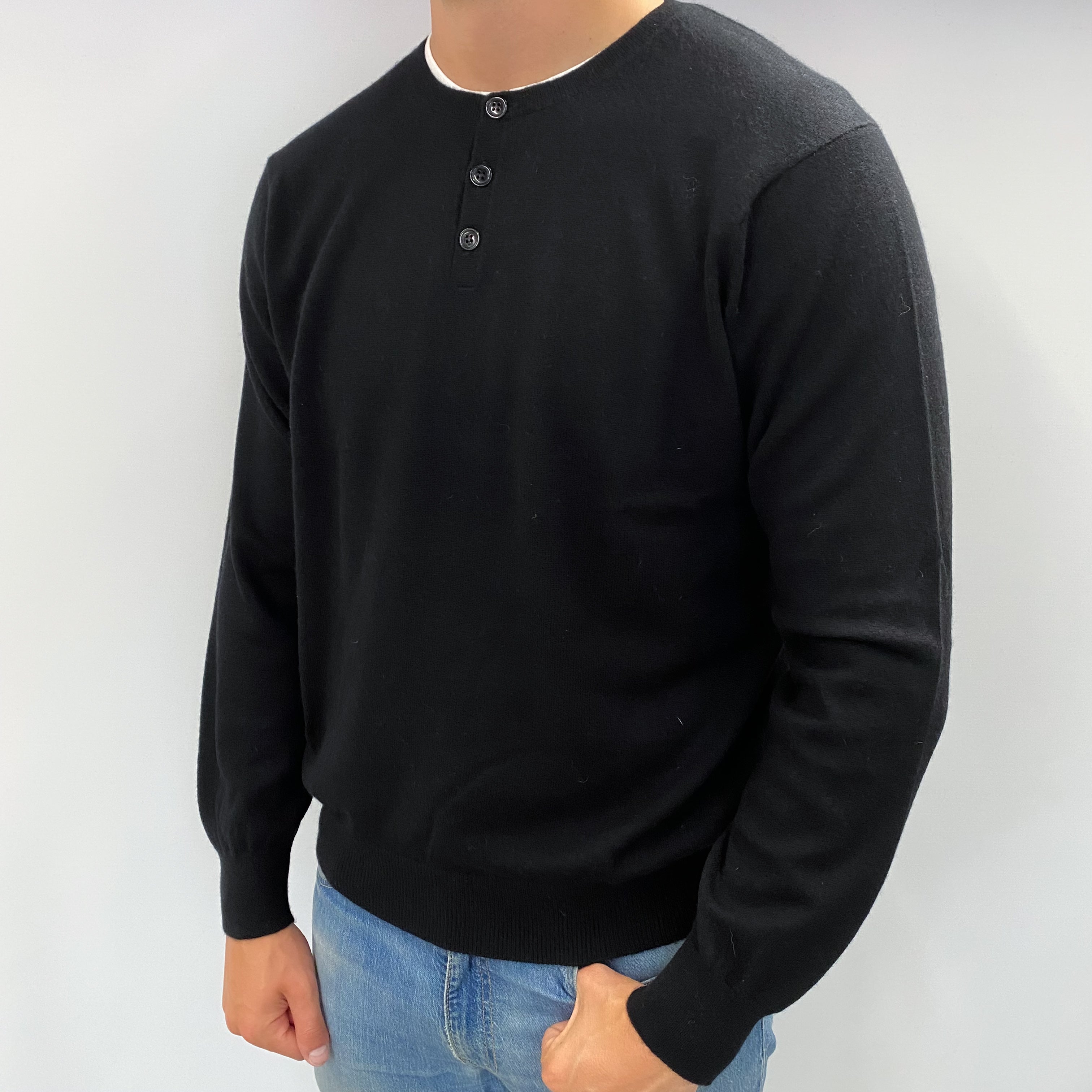 Men's Black Cashmere 1/4 Button Up Crew Neck Jumper XL