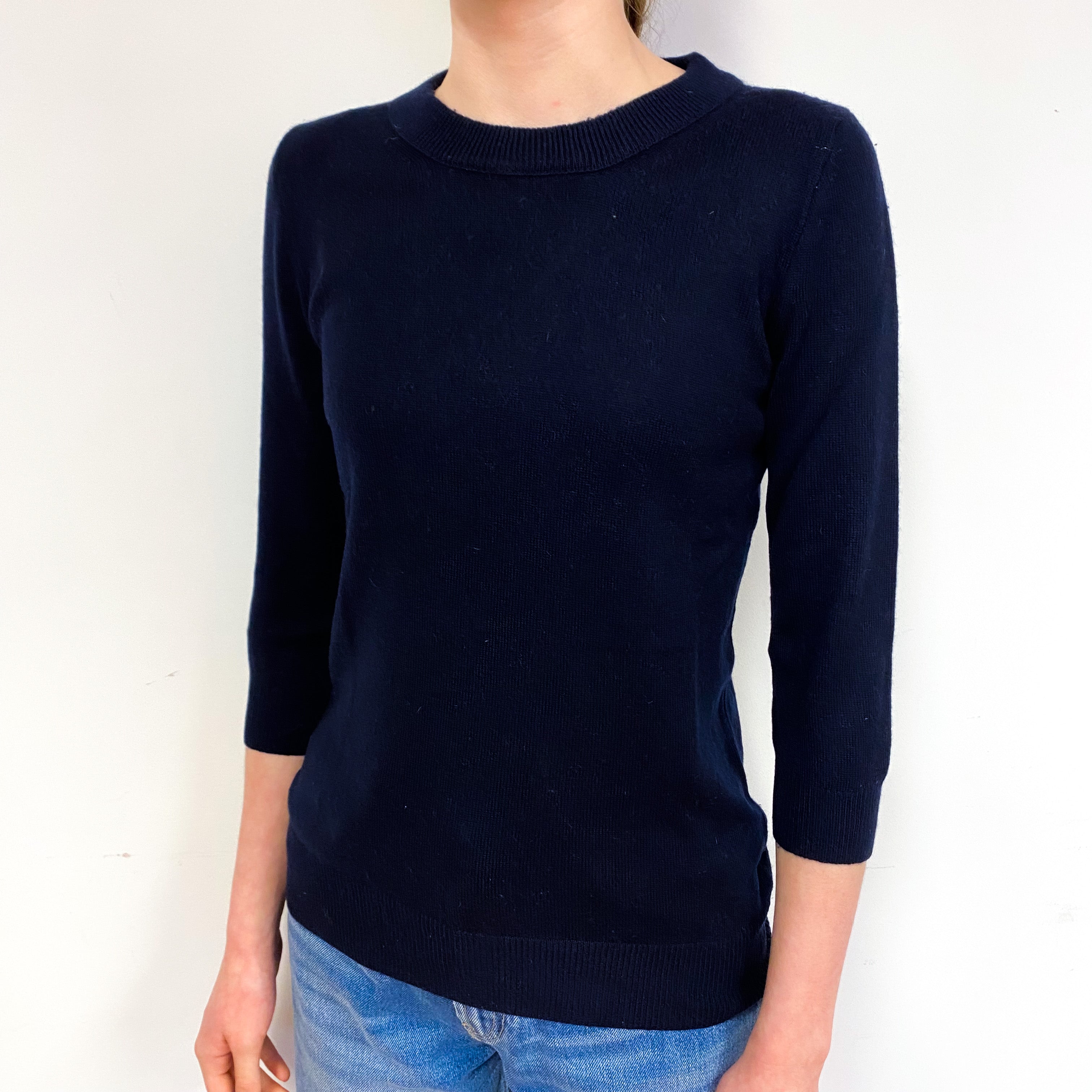 Darkest Navy 3/4 Sleeve Cashmere Crew Neck Jumper Extra Small