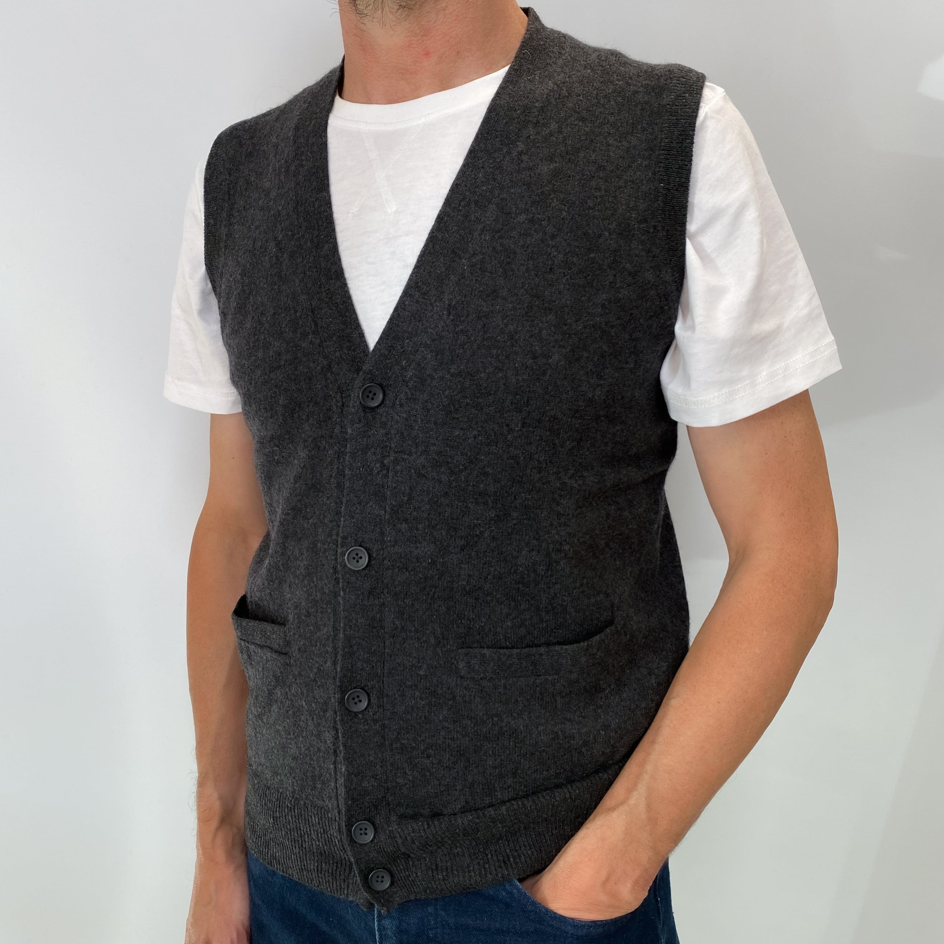 Charcoal Grey Men's Cashmere V Neck Sleeveless Jumper Small