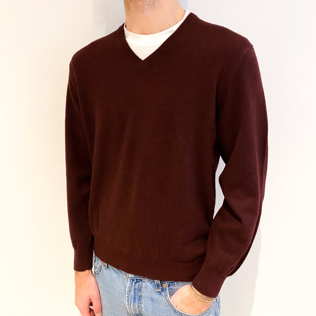 Men's Deep Burgundy Red Cashmere V Neck Jumper Large