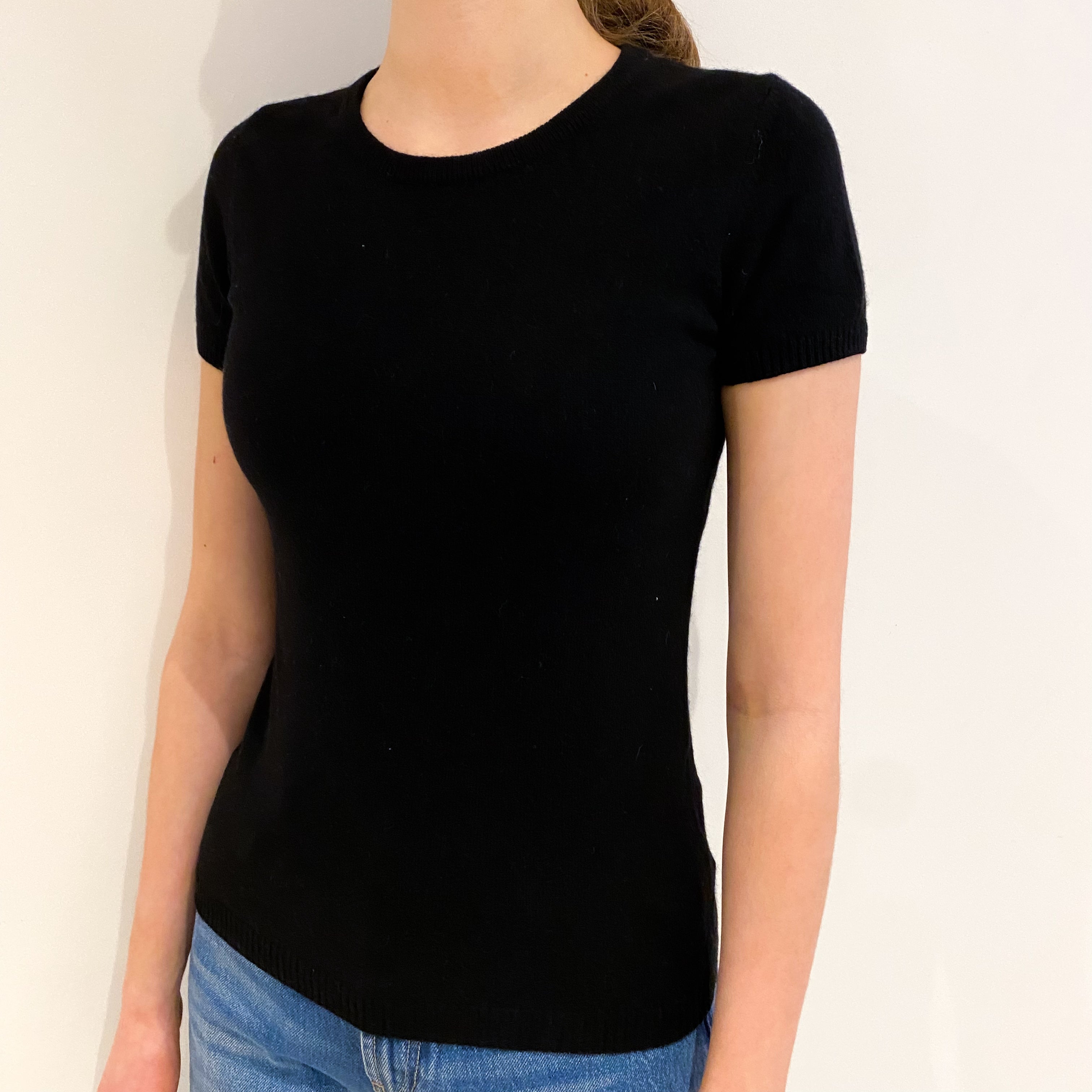 Black Cashmere Short Sleeved Crew Neck Jumper Extra Small
