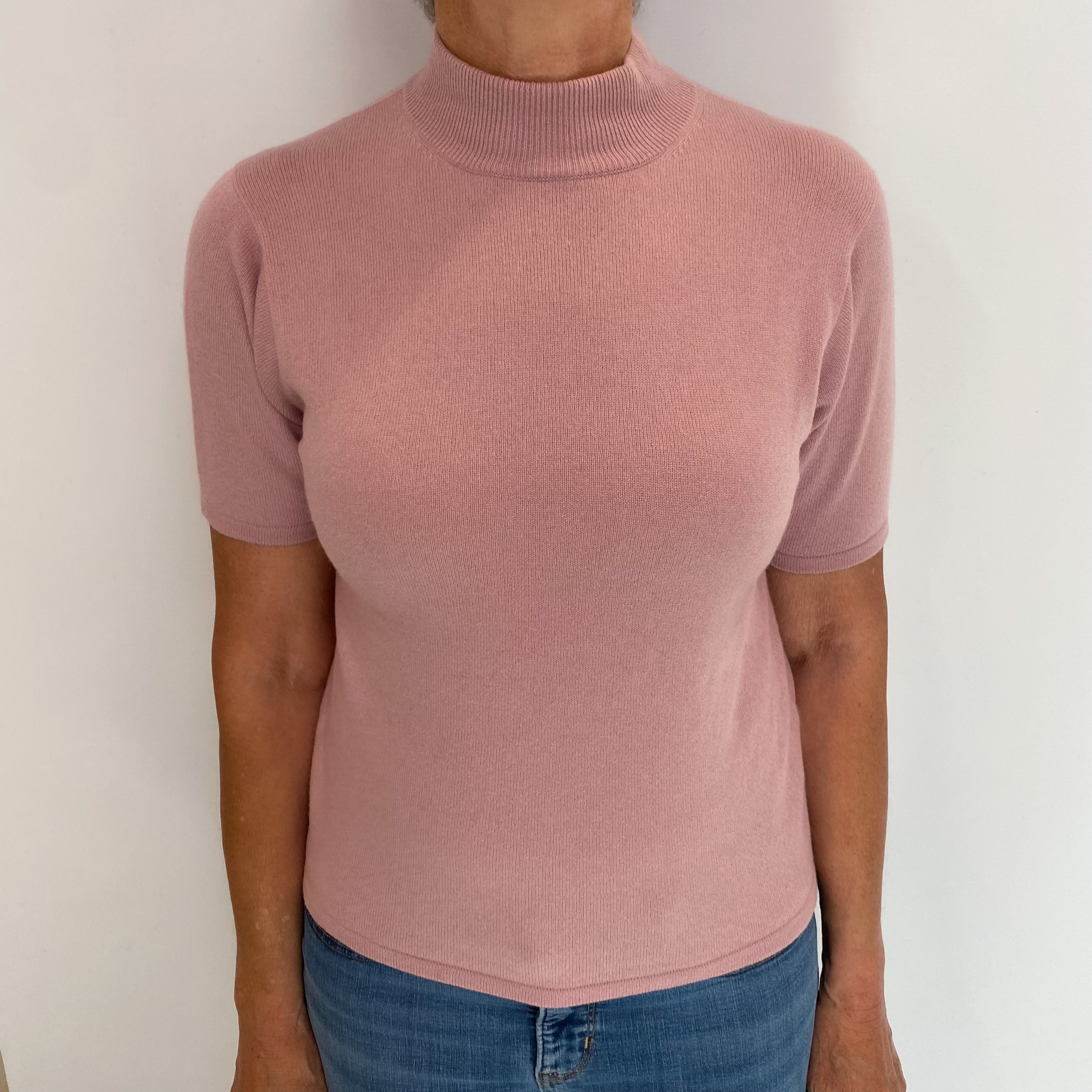 Dusky Pink Cashmere Turtle Neck Short Sleeved Jumper Medium