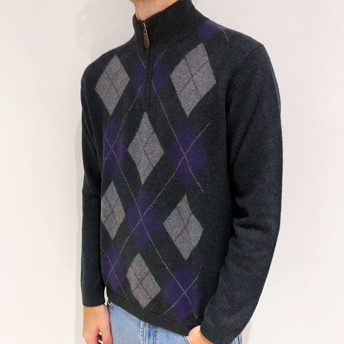 Men's Grey Purple Argyle Cashmere 1/4 Zip Jumper Large