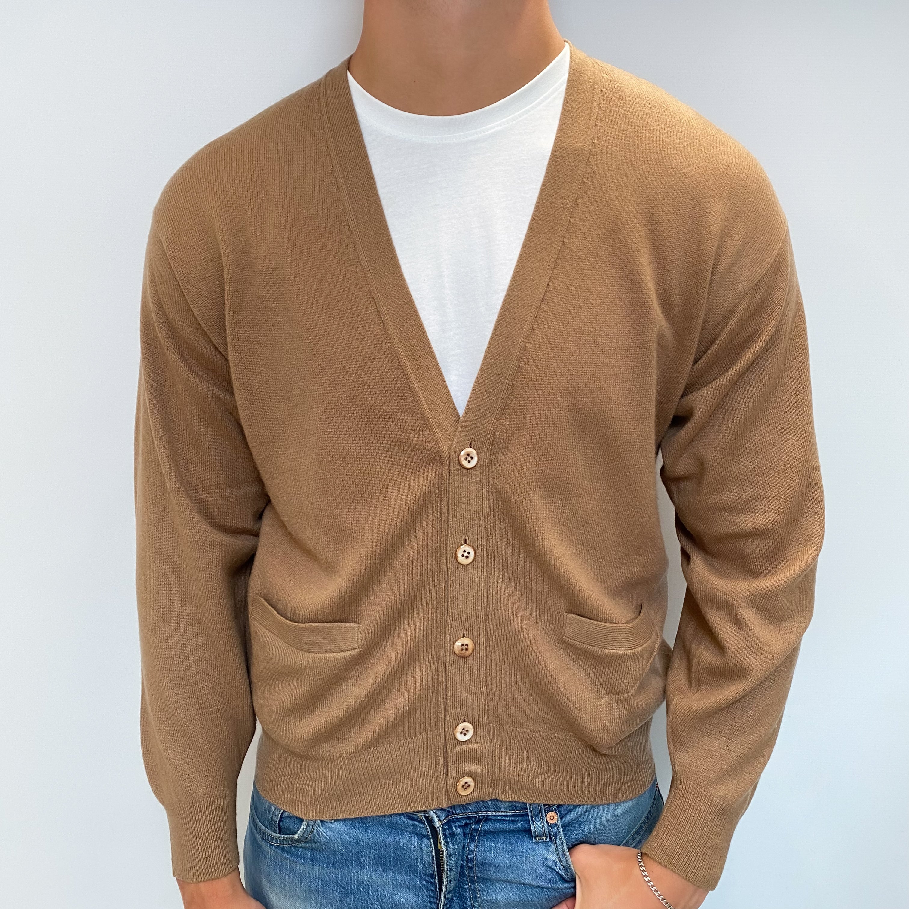 Men's Toffee Brown Cashmere V Neck Cardigan with Pockets XL