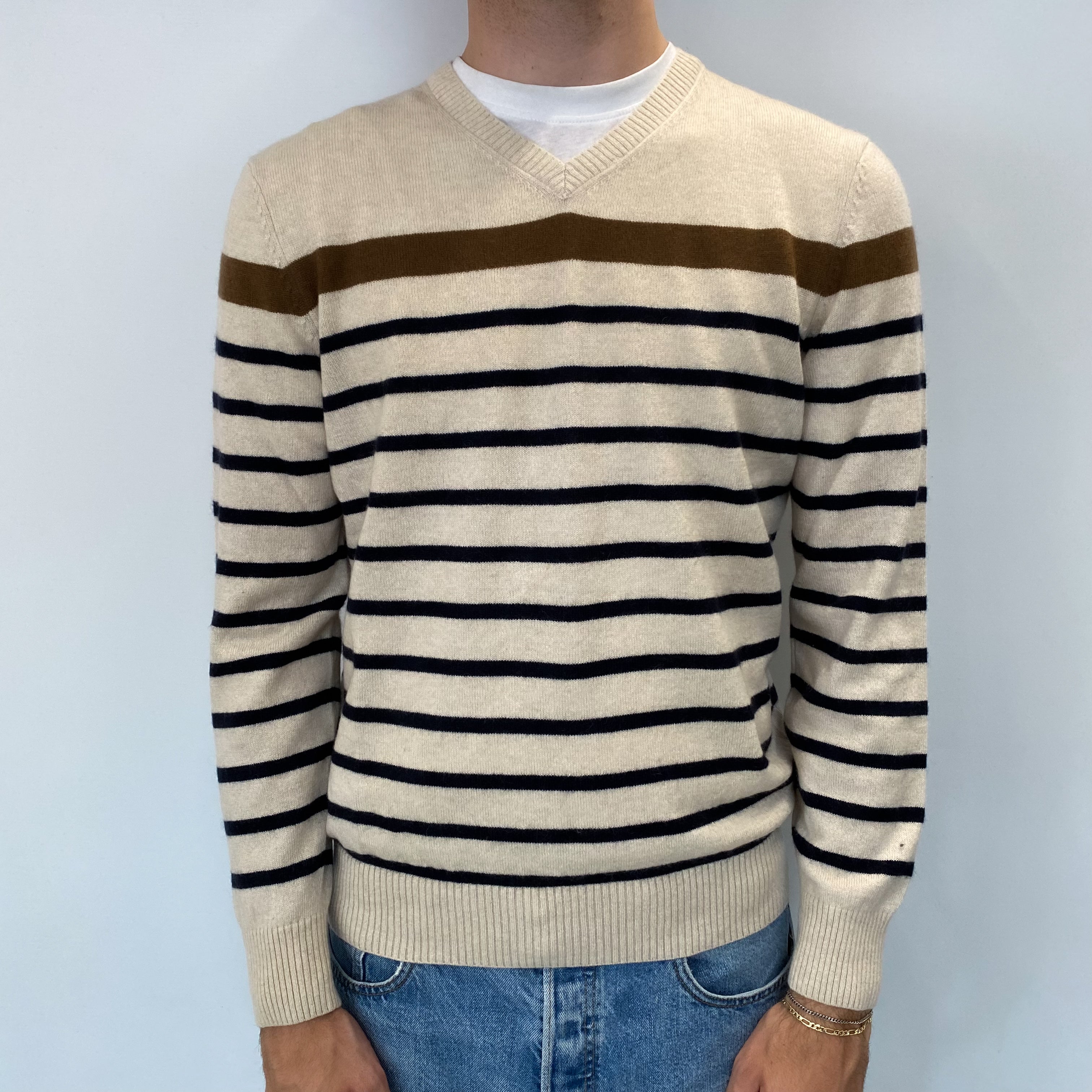 Men's Oatmeal Striped Cashmere V Neck Jumper Medium
