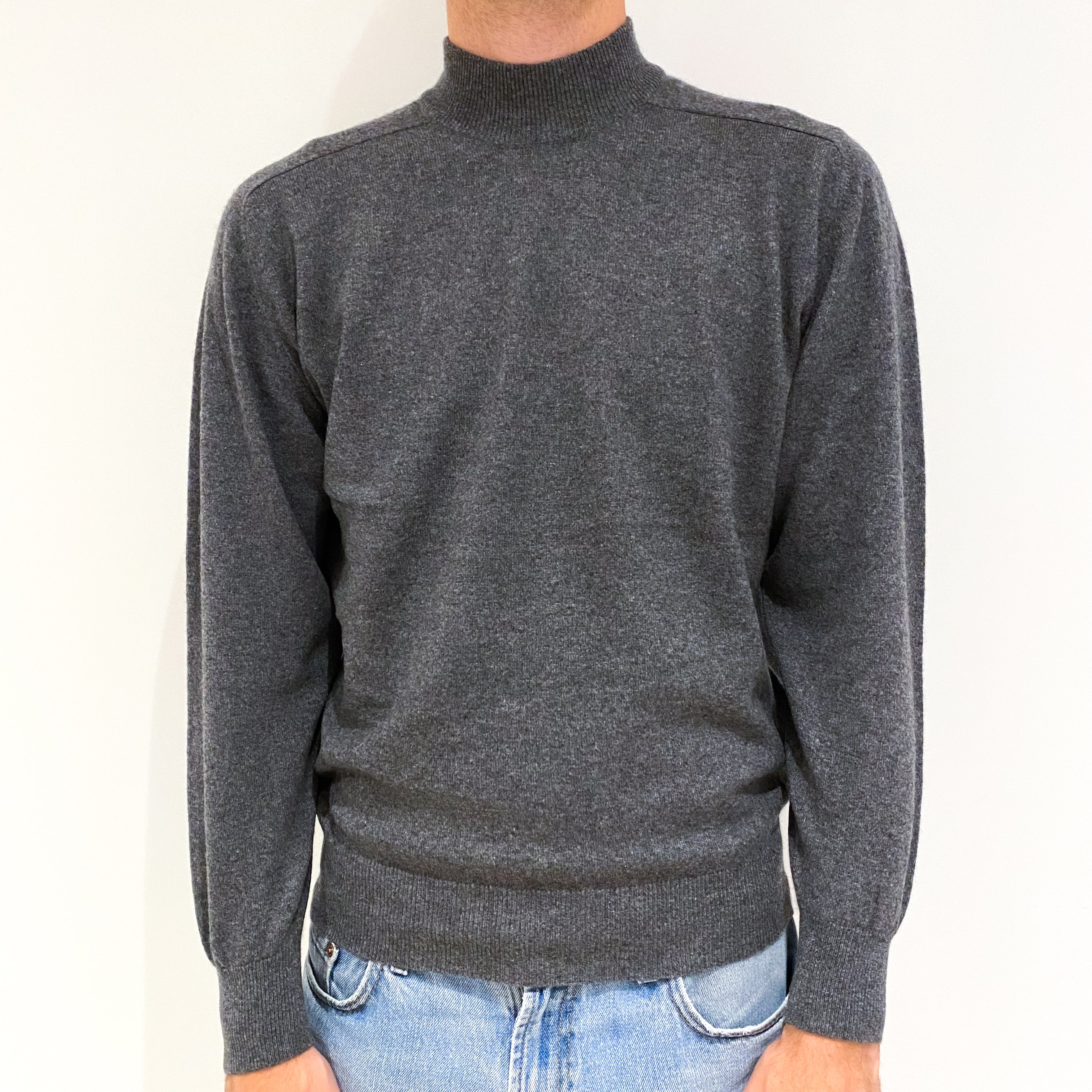 Men's Slate Grey Cashmere Turtle Neck Jumper Medium