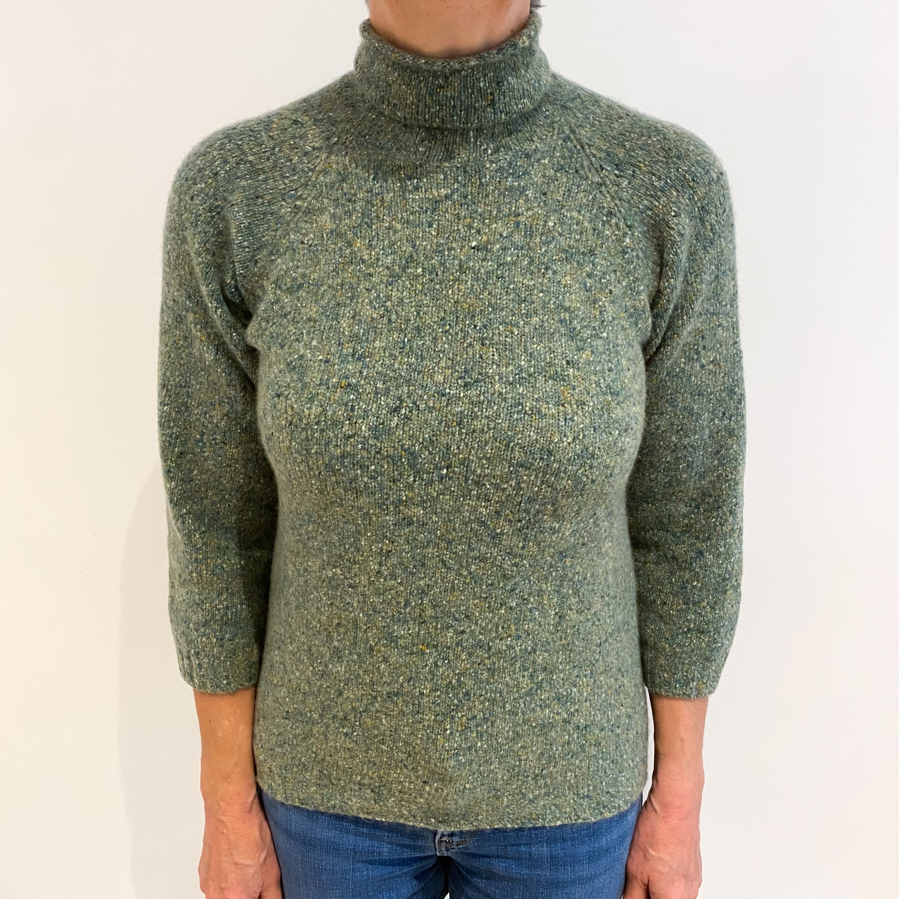 Green Marl Chunky Cashmere Funnel Neck Jumper Medium