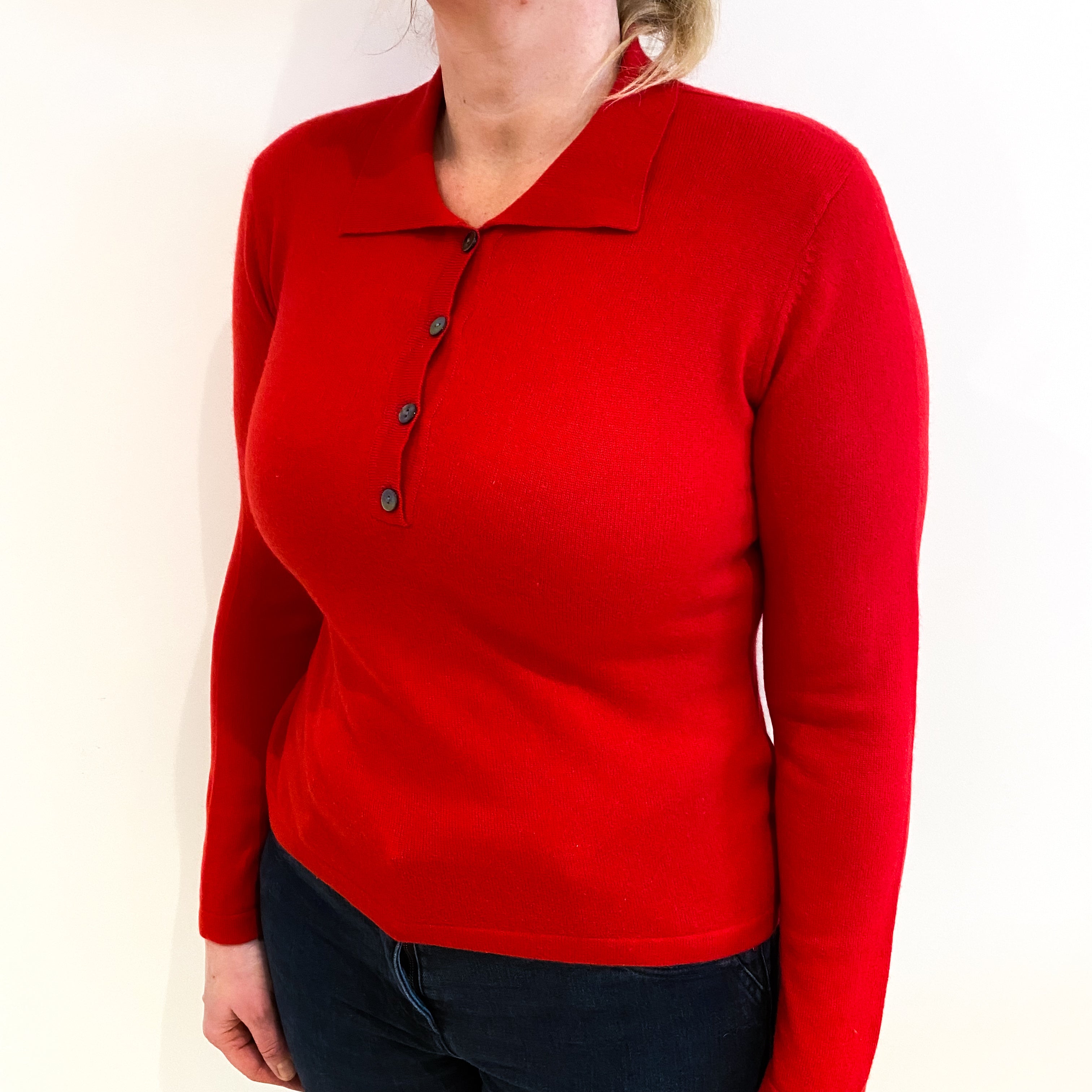 Scarlet Red Cashmere Collared 1/4 Button Jumper Large