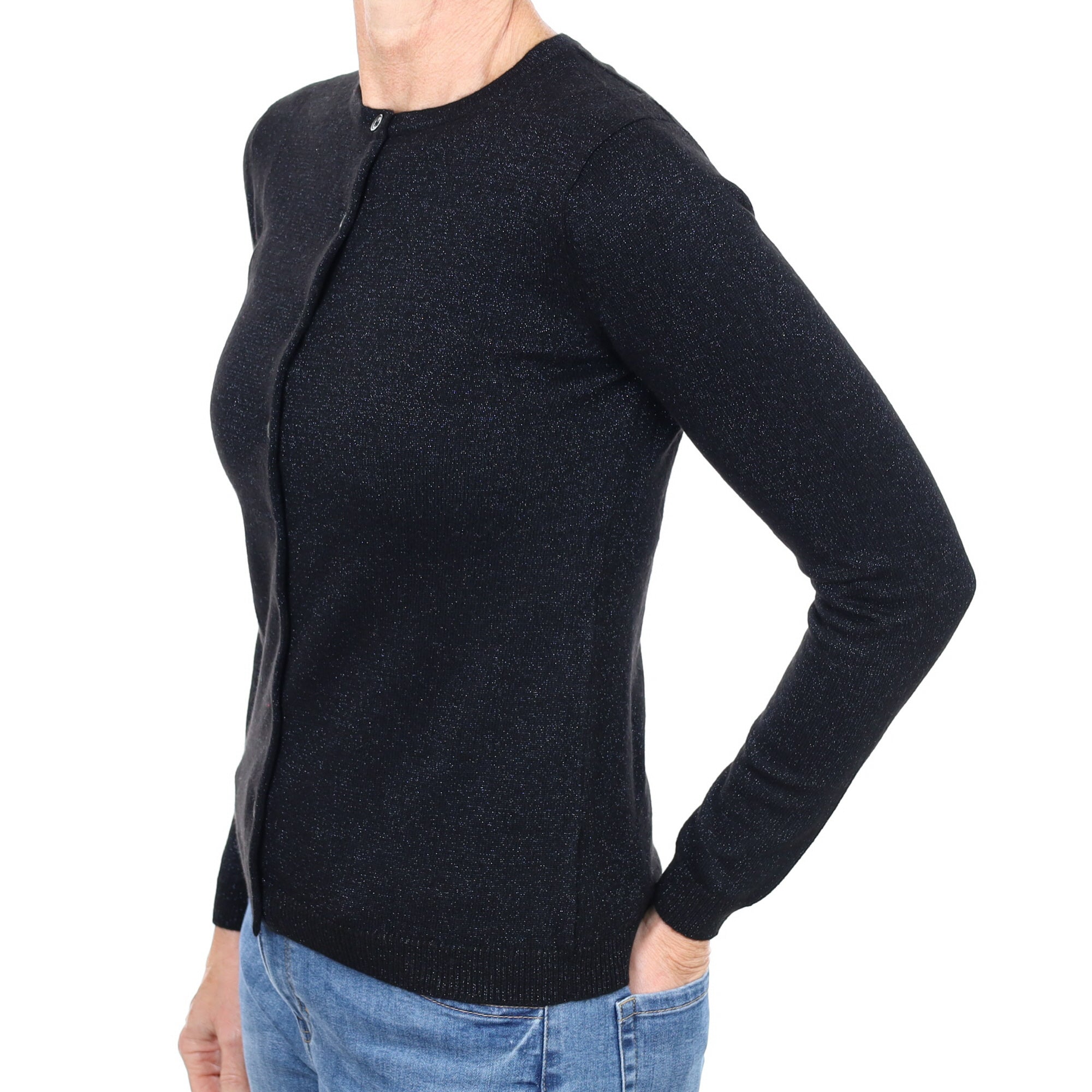 New Black Blue Sparkle Cashmere Crew Neck Cardigan Small