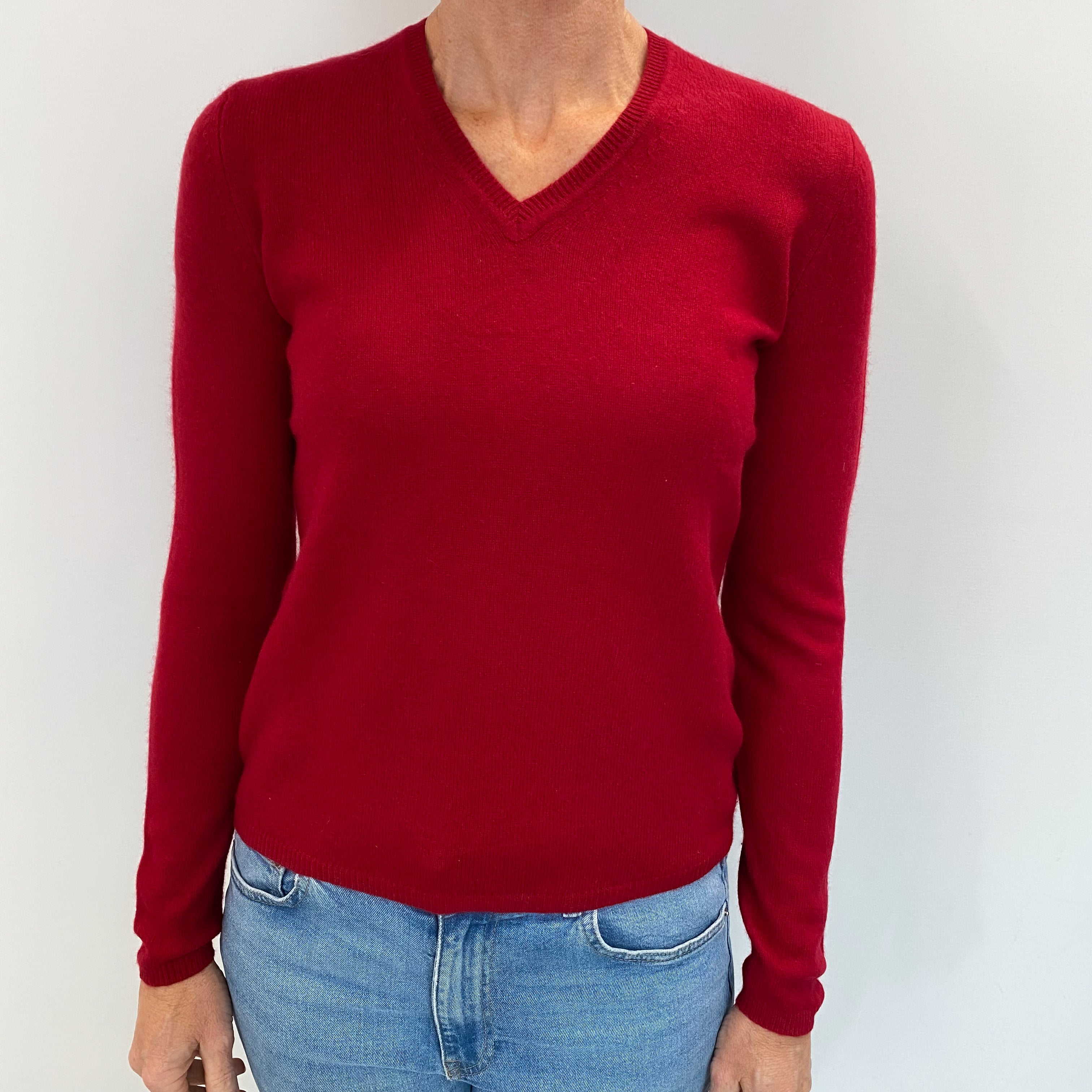 Crimson Red Cashmere V Neck Jumper Small