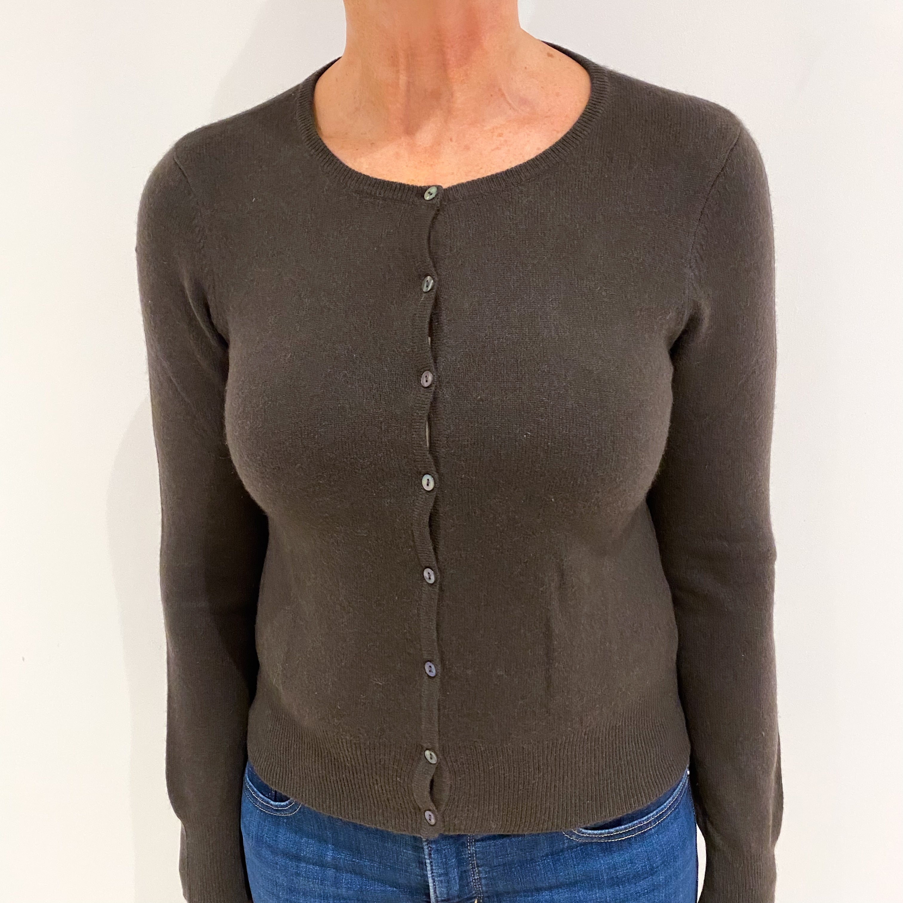 Mole Brown Cashmere Crew Neck Cardigan Medium