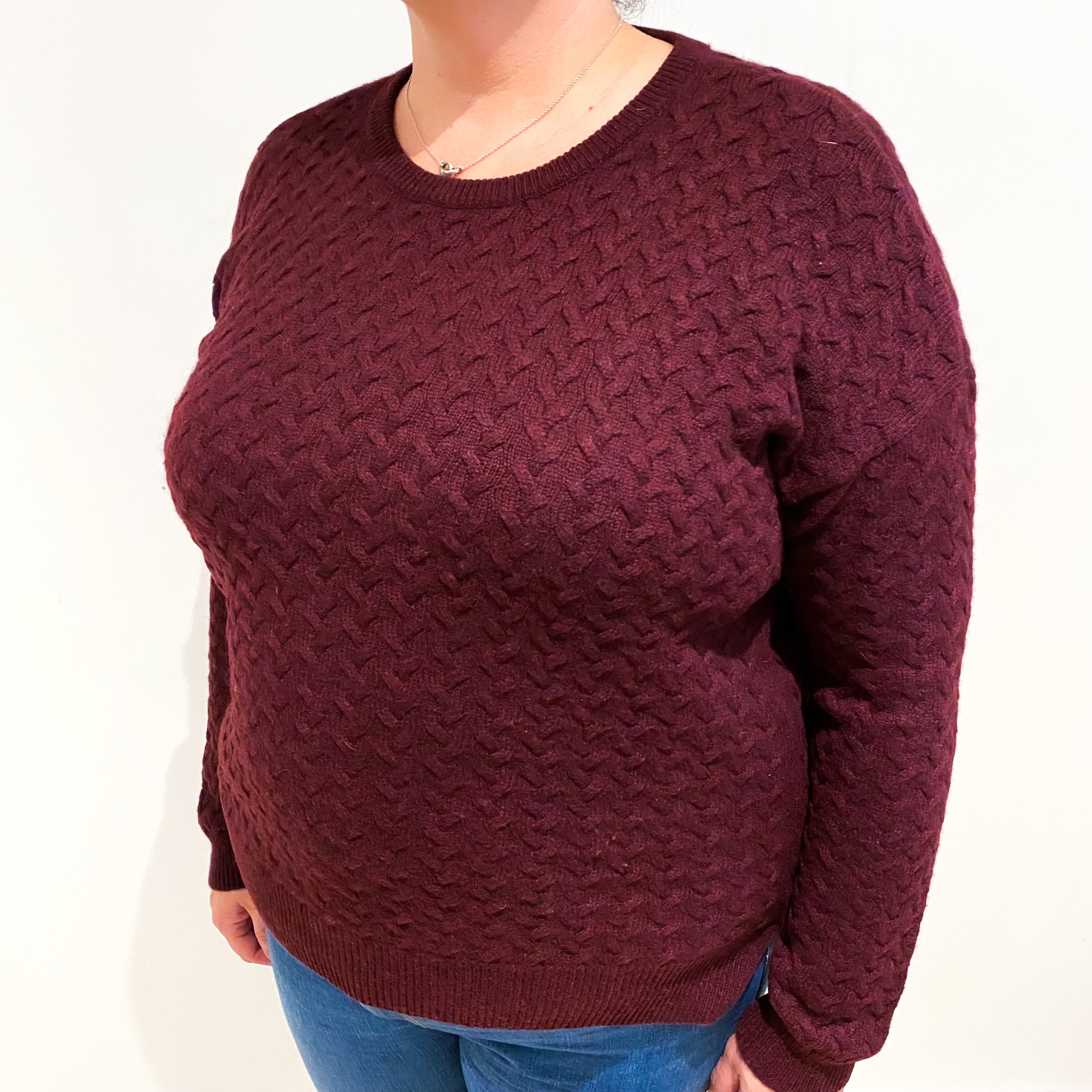 Orvis Burgundy Red Cashmere Textured Crew Neck Jumper Extra Large