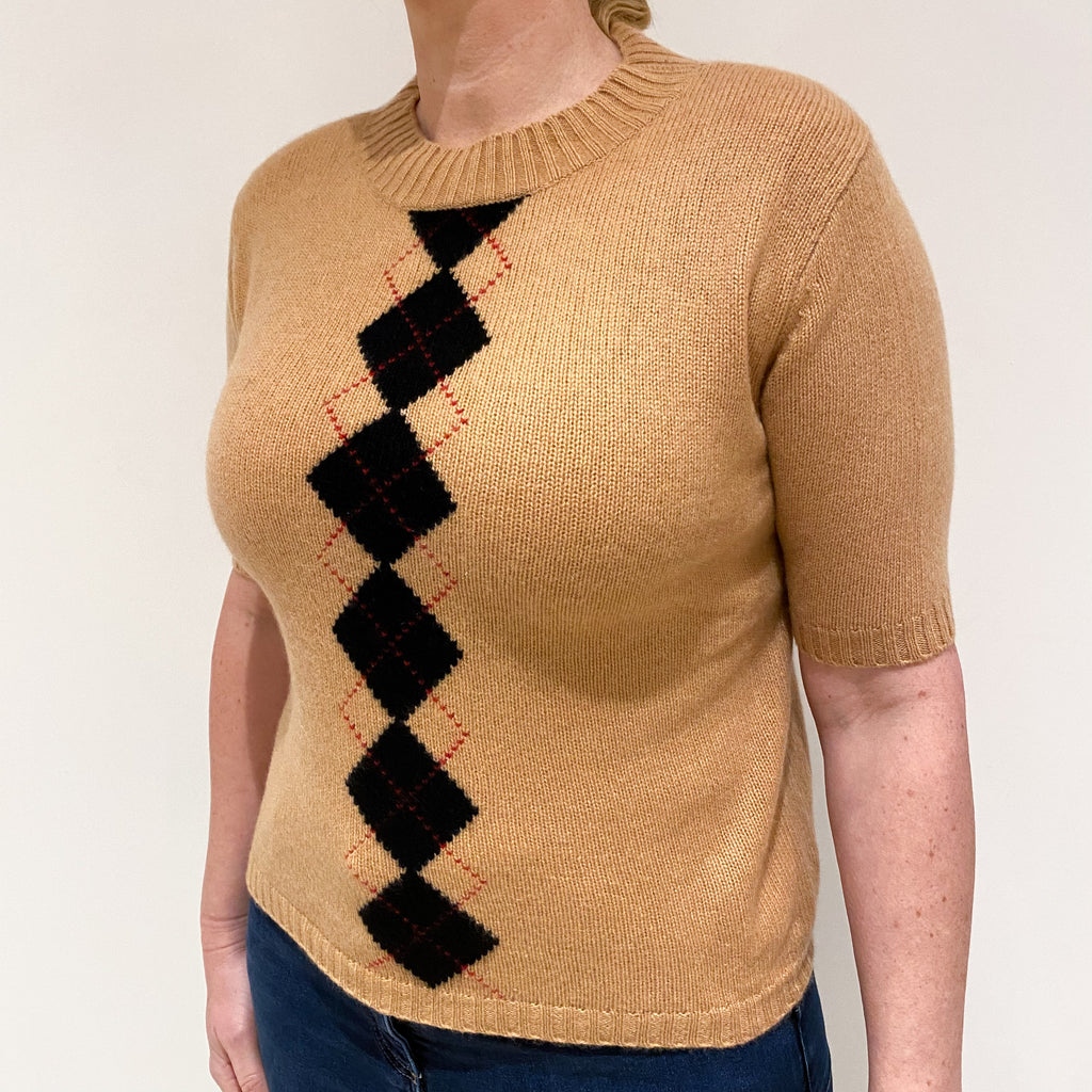 Camel Brown Diamond Cashmere Short Sleeved Crew Neck Jumper Large