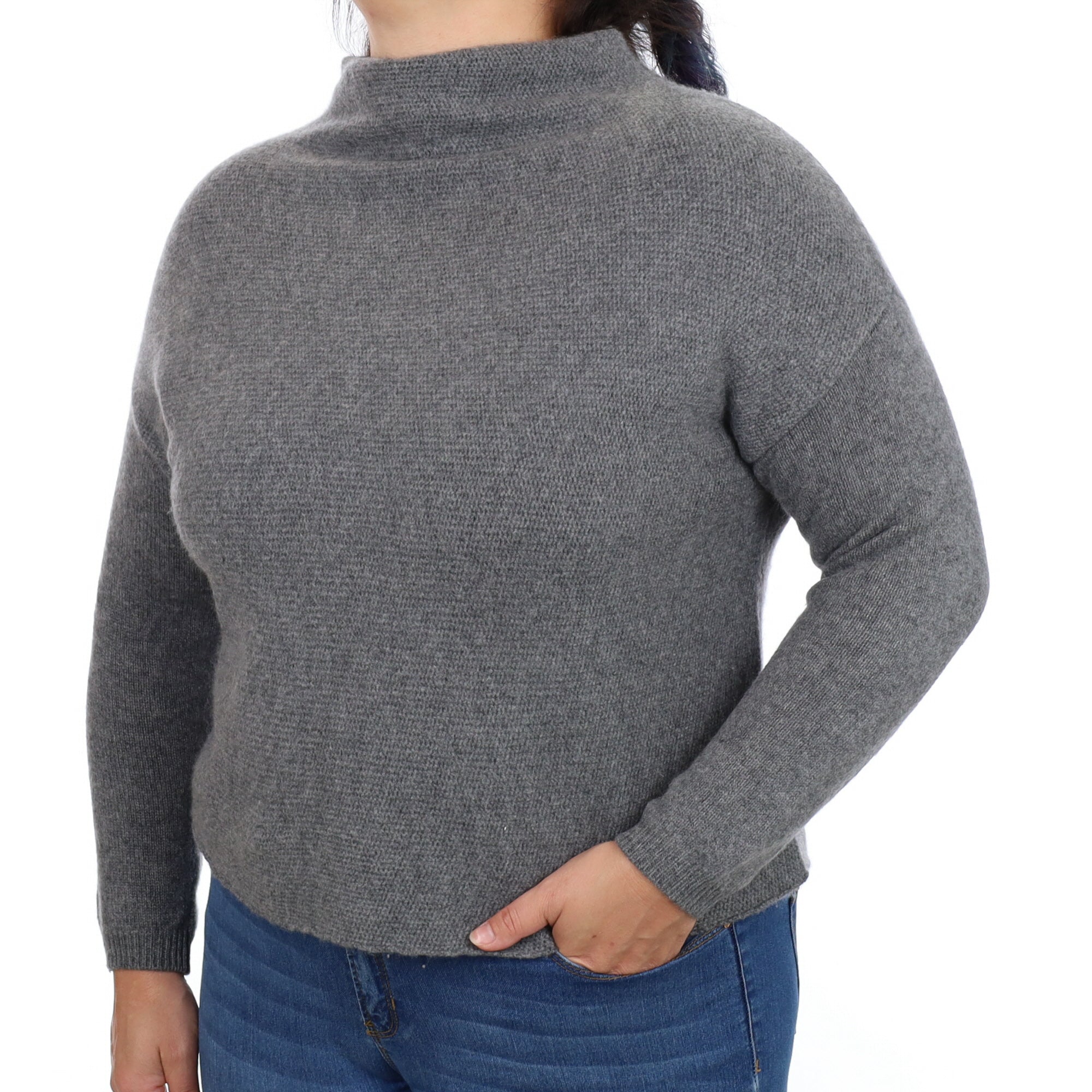 Slate Grey Textured Cashmere Funnel Neck Jumper Large