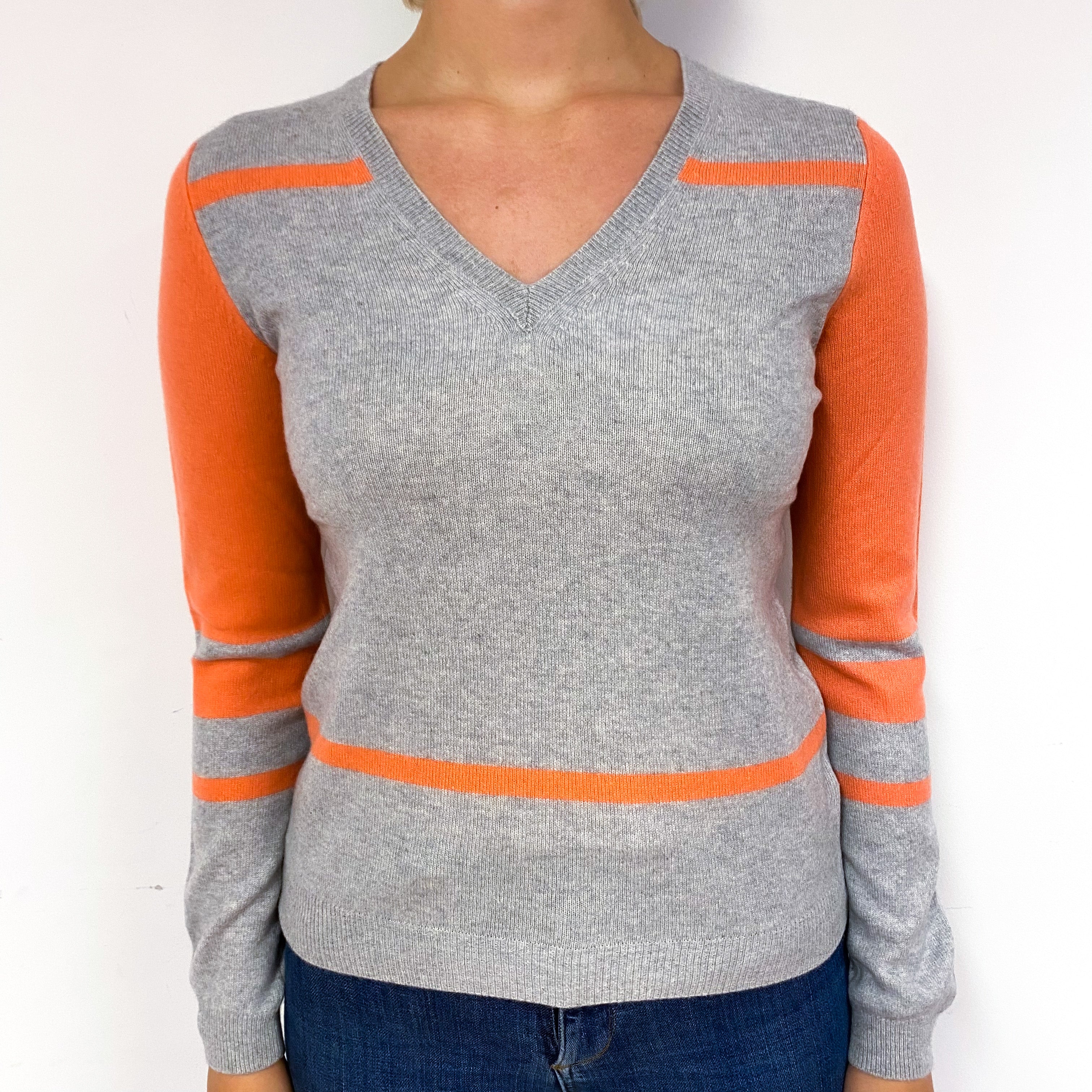 Smoke Grey Neon Coral Cashmere V-Neck Jumper Small