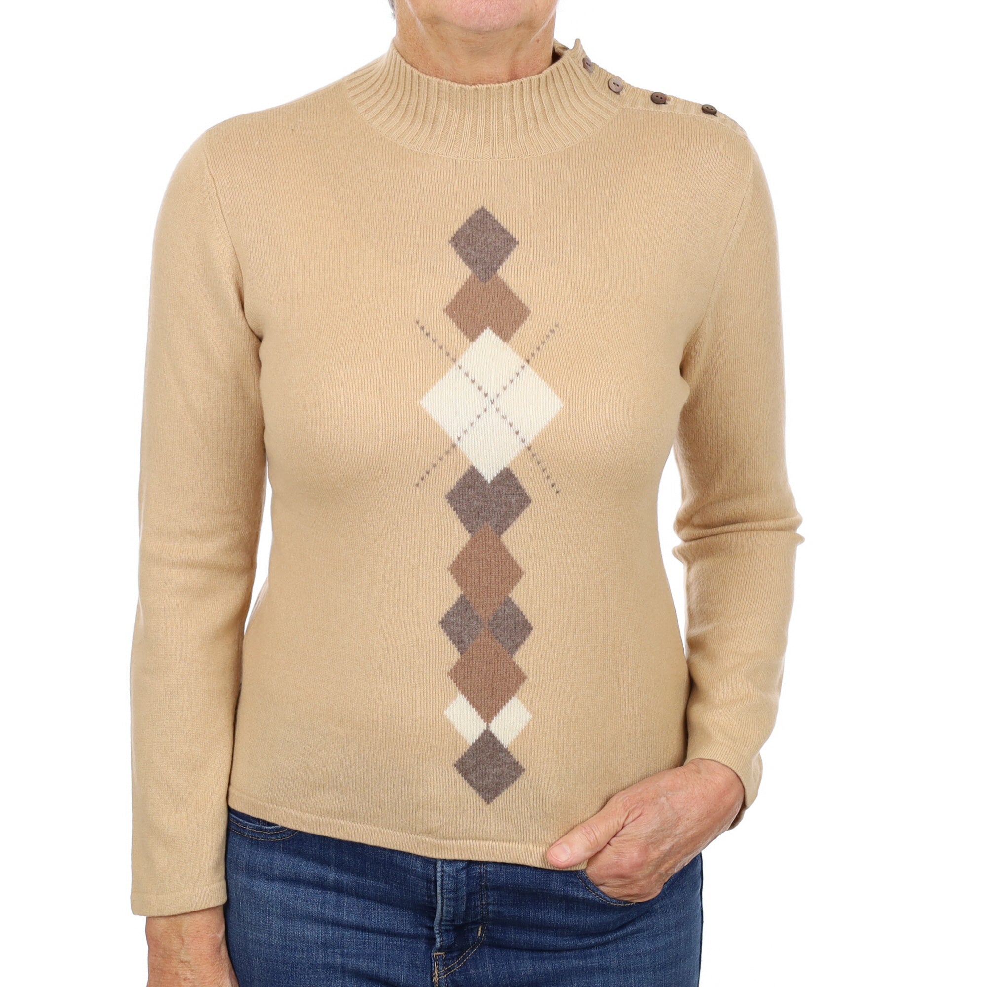 Caramel Brown Patterned Cashmere Turtle Neck Jumper Medium