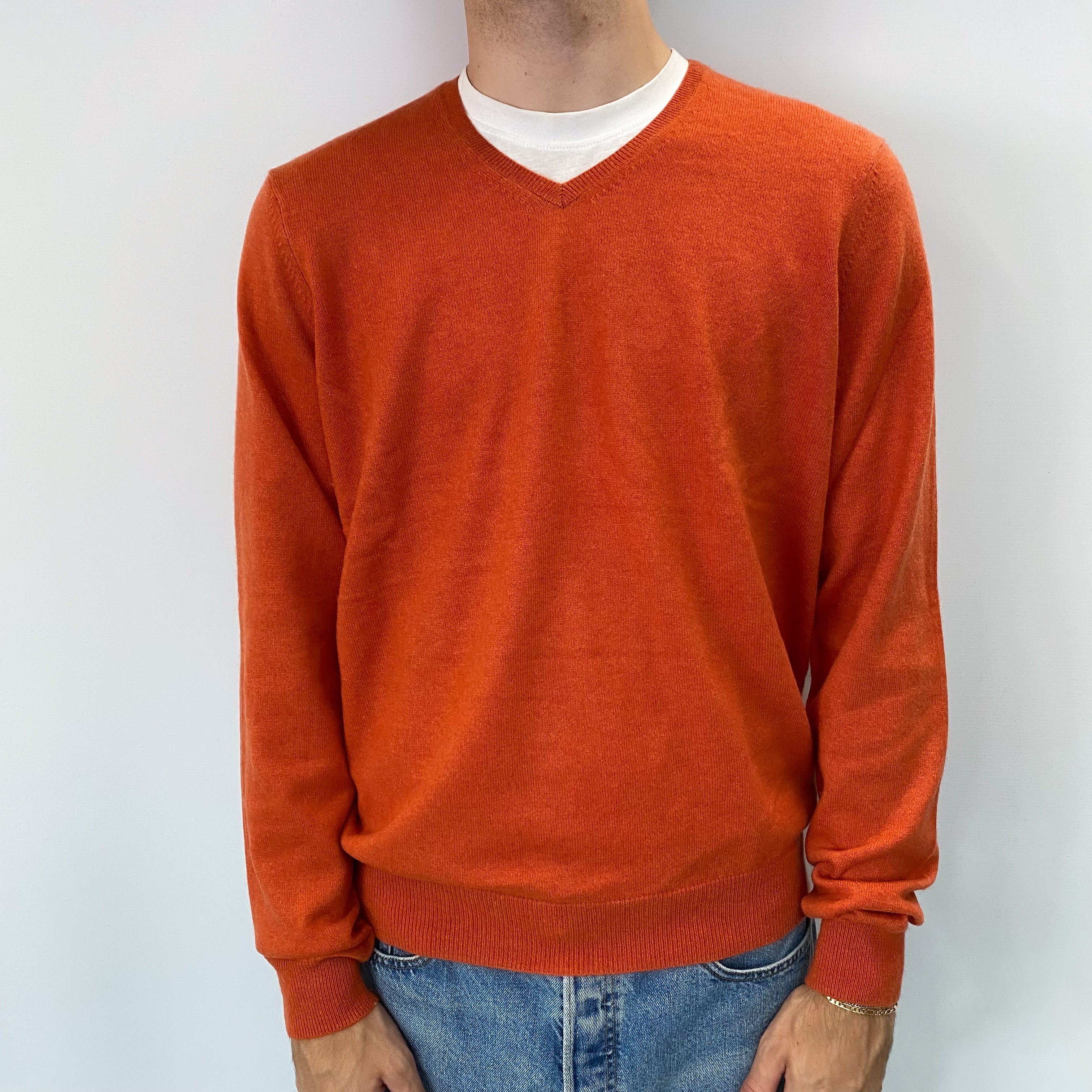 Men's Pumpkin Orange Cashmere V Neck Jumper Large
