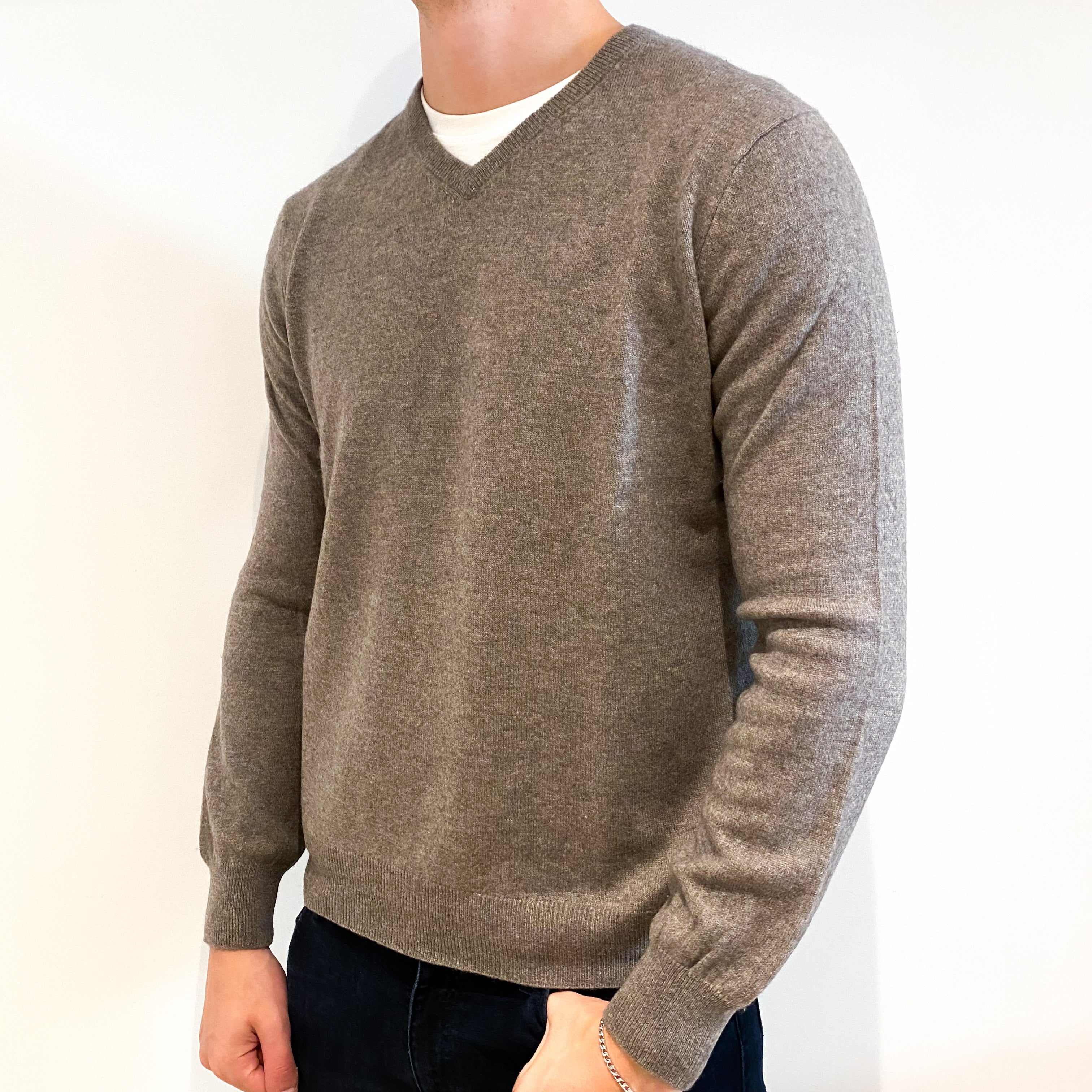 Men's Mink Brown Cashmere V-Neck Jumper Extra Large
