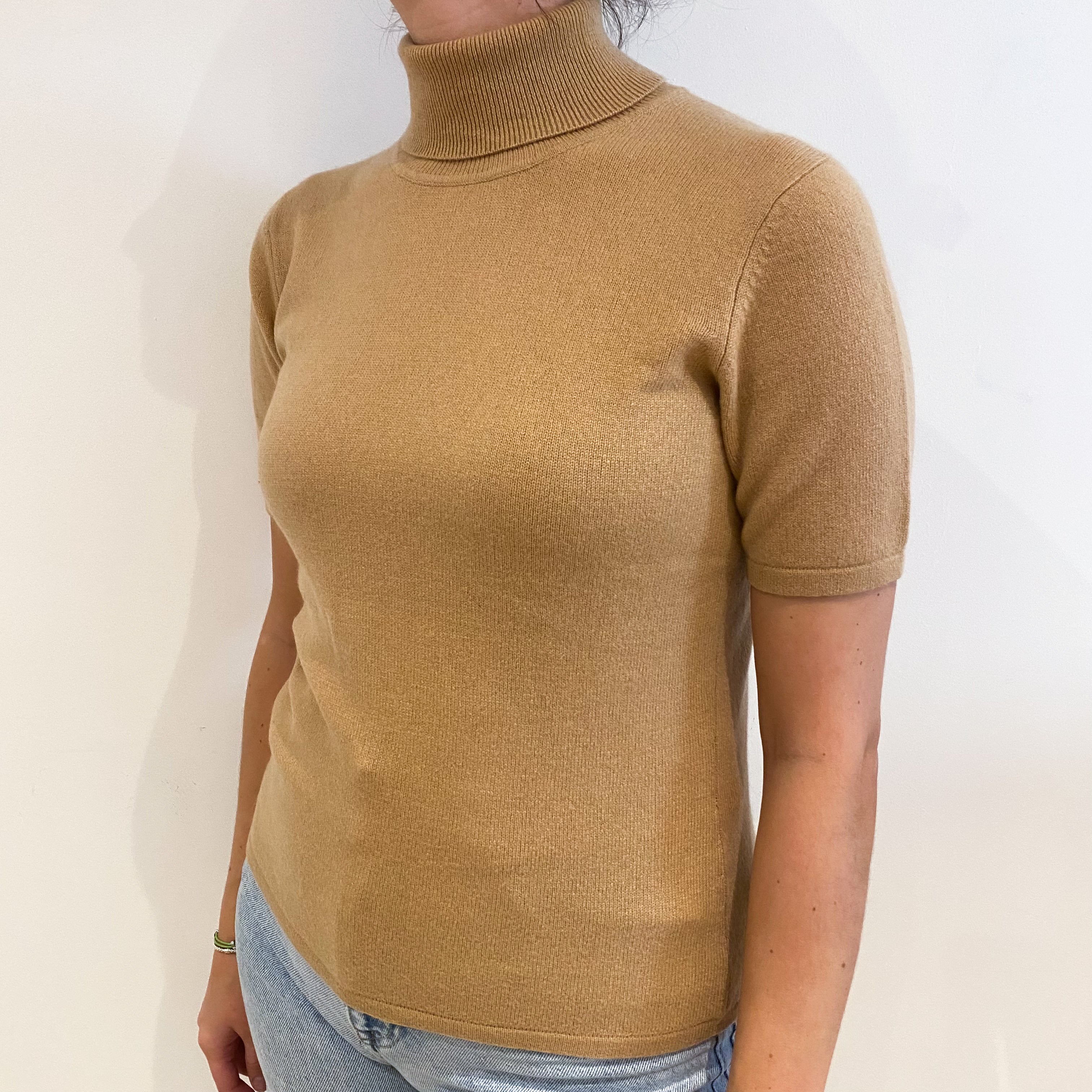 Camel Brown Cashmere Polo Neck Short Sleeved Jumper Small