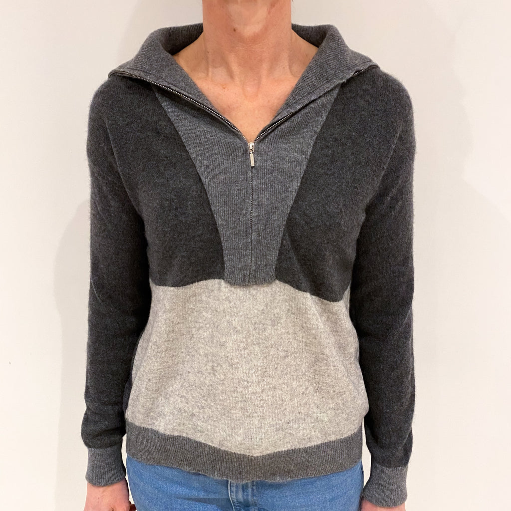 Grey Colour Block Cashmere Zip Up Collared Jumper Small