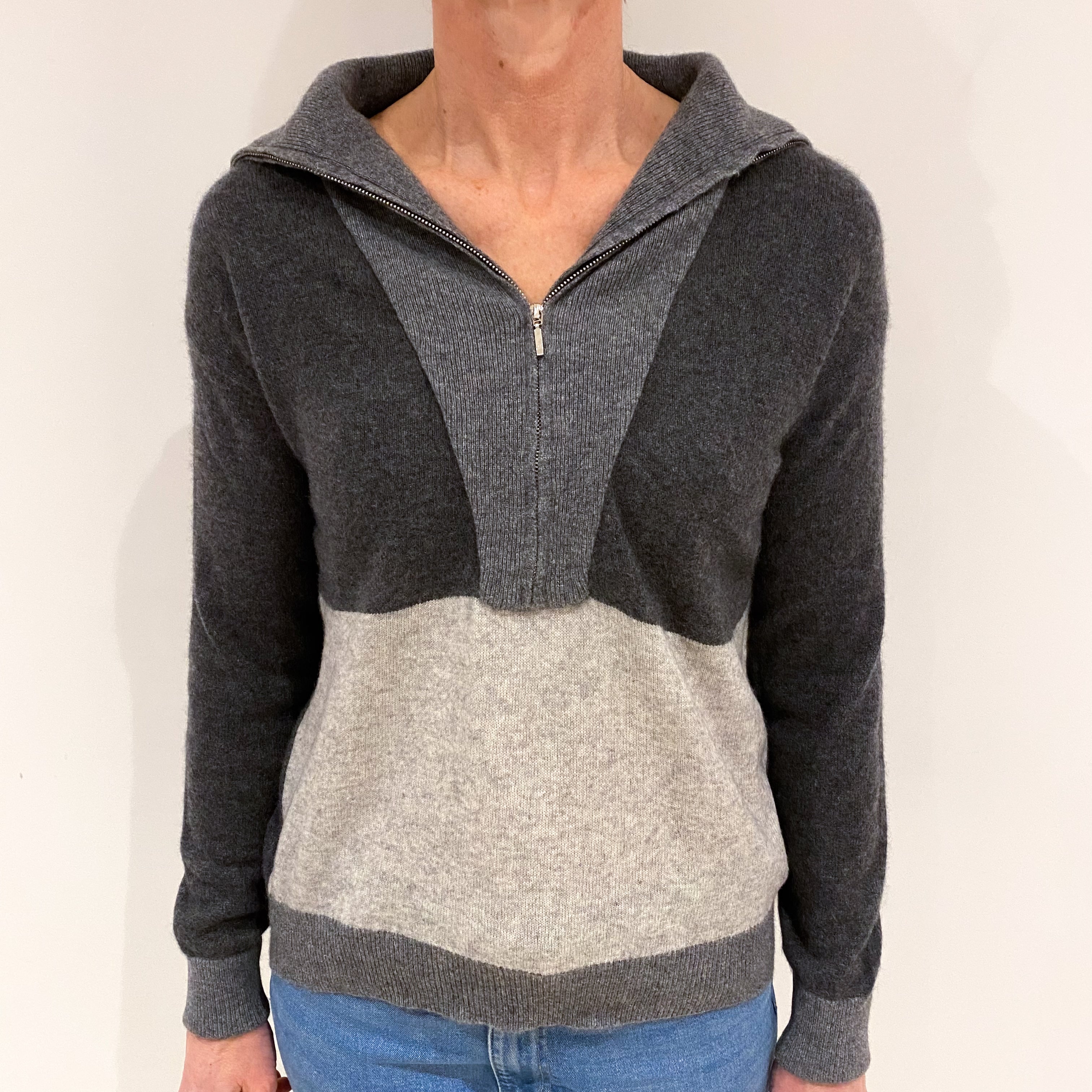 Grey Colour Block Cashmere Zip Up Collared Jumper Small