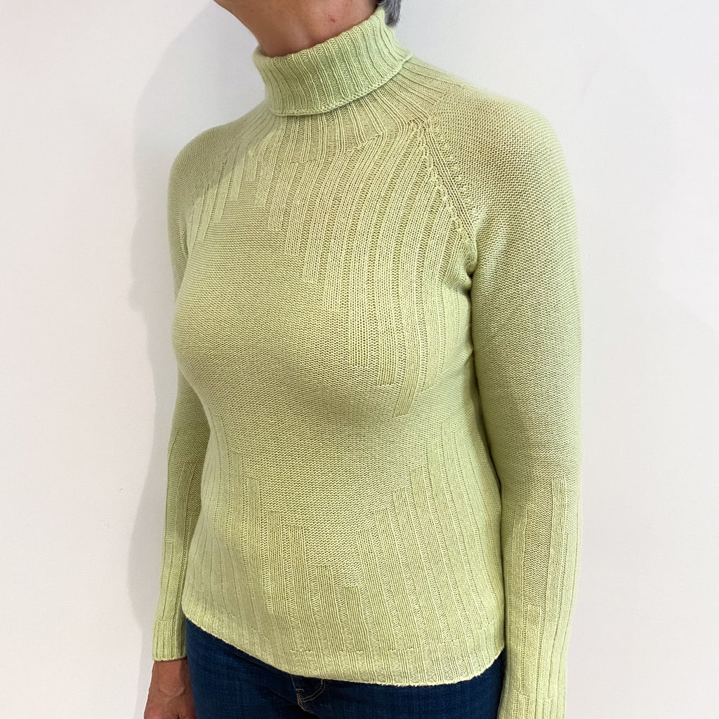 Pistachio Green Rib Detail Cashmere Polo Neck Jumper Medium
